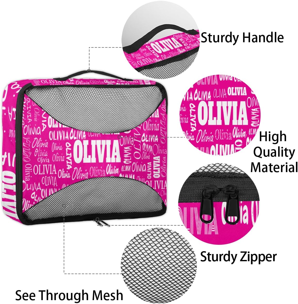 Custom Packing Cubes with Name - 4 Piece Packing Cubes Compression Luggage Suitcase Organizer Set, Deep Pink