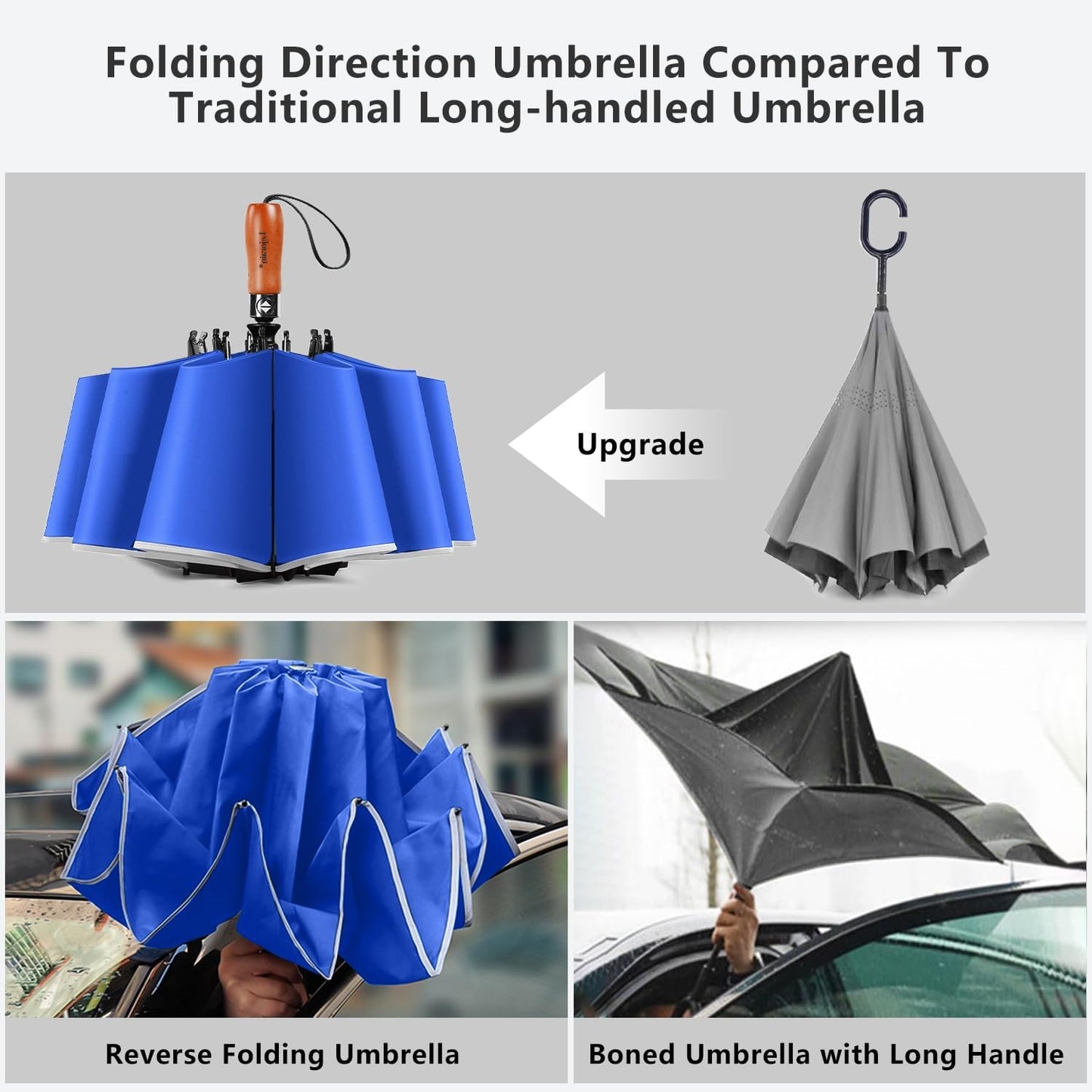 Lejorain Golf Large Inverted Umbrella - Black Big Windproof Heavy Duty Upside Down 46/50/54 Inch Compact Reverse Car Automatic Folding Reflective Umbrella