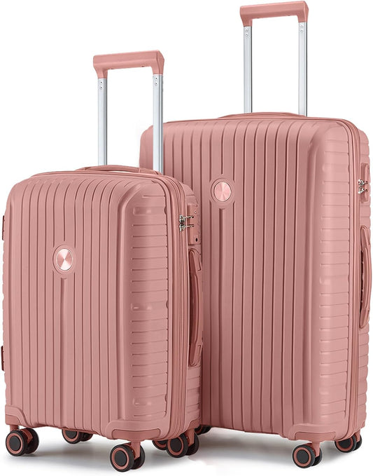 Joyway Luggage Sets 2 Piece PP Hardshell Carry on Suitcase and Checked Luggage, Travel Lightweight Suitcase Set with Double Spinner Wheels and TSA Lock (Rose Gold, 20+28 inch)