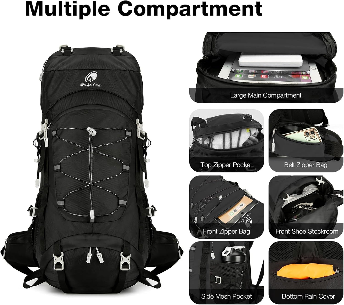 60L Waterproof Backpacking Hiking Backpack with Rain Cover for Men, Large Outdoor Backpack for Camping Trekking Traveling, Black