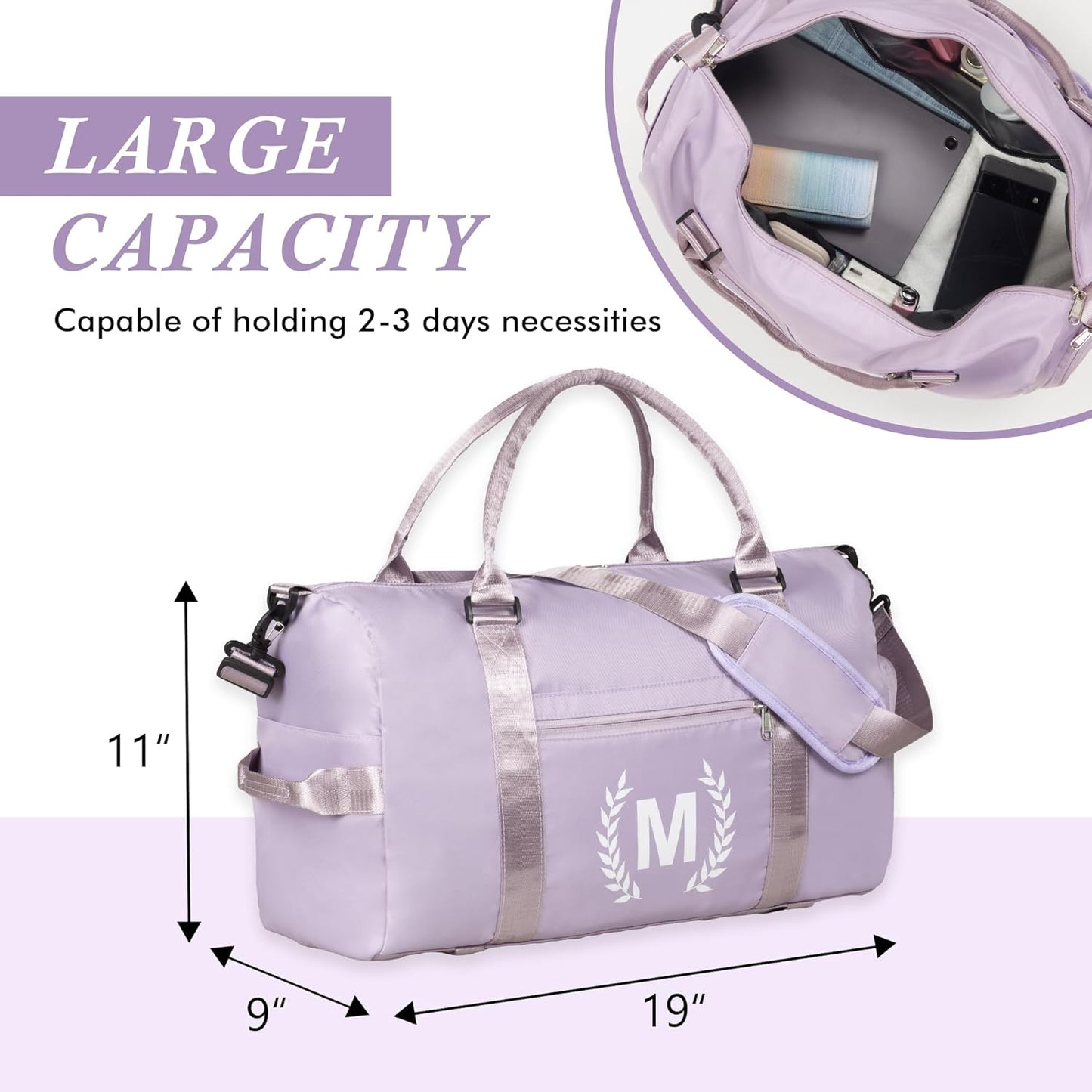 Gym Bag for Women, Personalized Duffle Bag with Shoe Compartment, Sports Bag for Yoga & Dance with Wet Pocket and Mat Strap.