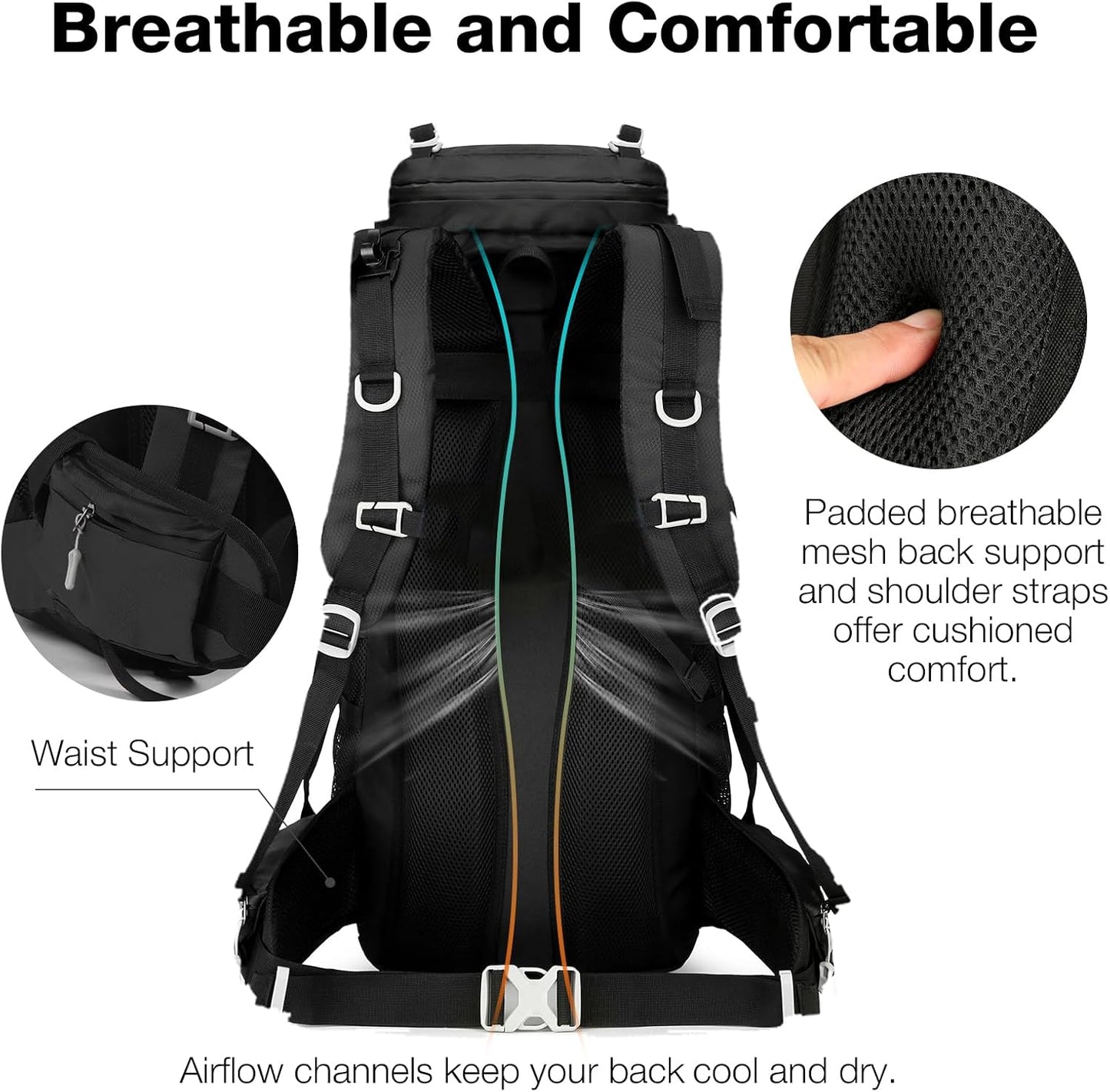 60L Waterproof Backpacking Hiking Backpack with Rain Cover for Men, Large Outdoor Backpack for Camping Trekking Traveling, Black