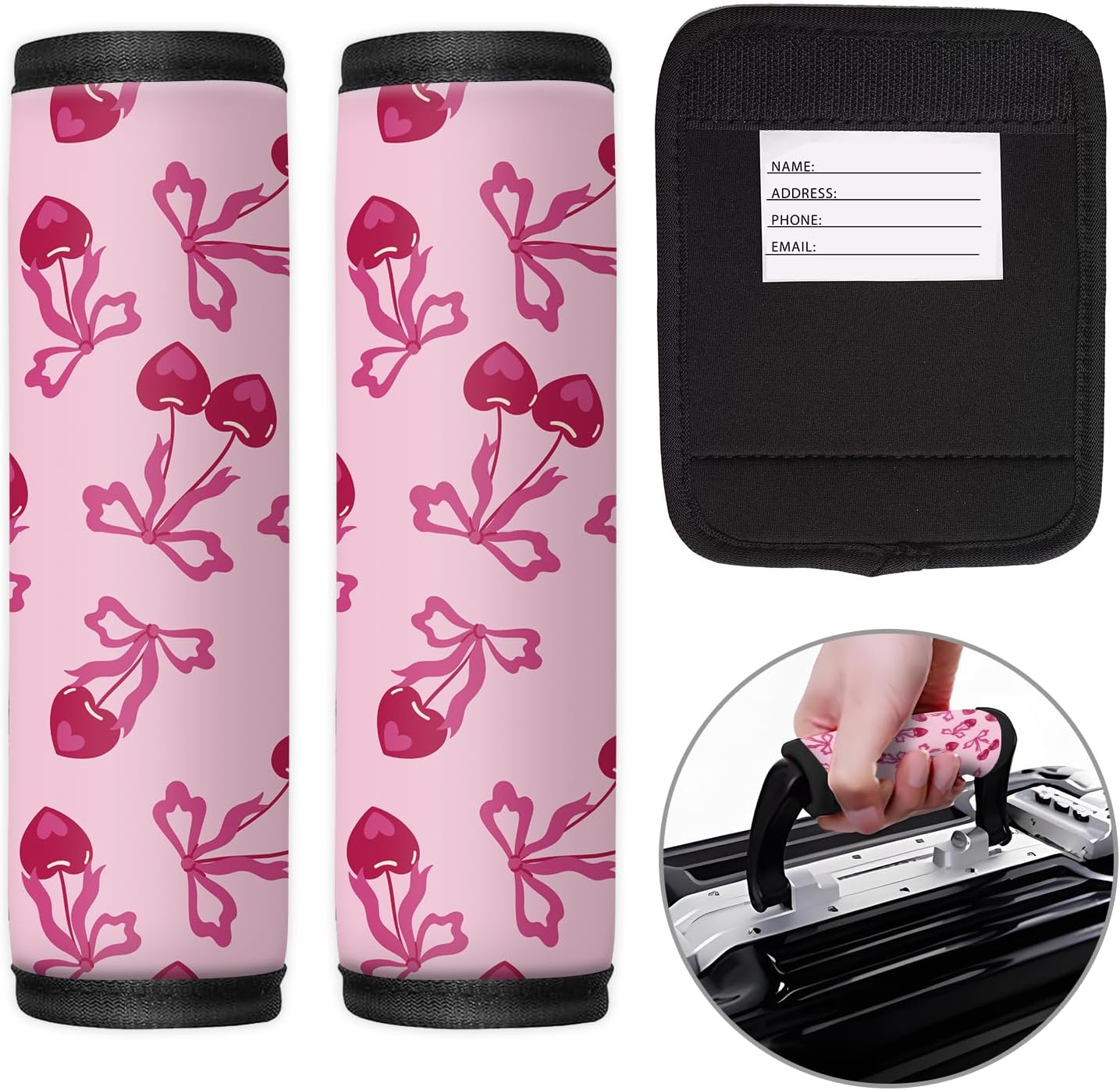 2 Pack Luggage Handle Wrap Travel Tags - Set of Luggage Tags for Suitcases, Identifiers, Marker, and Handle Covers - Cruise Accessories and Travel Gifts（Cute Cherries with Bows