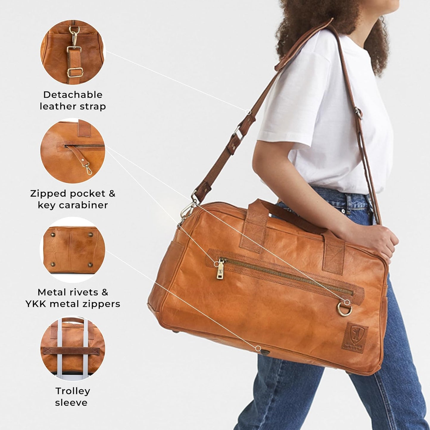 Berliner Bags Vintage Genuine Leather Duffle Bag Austin M for Travel or the Gym, Weekender Bag, Overnight Bag for Men and Women - Brown