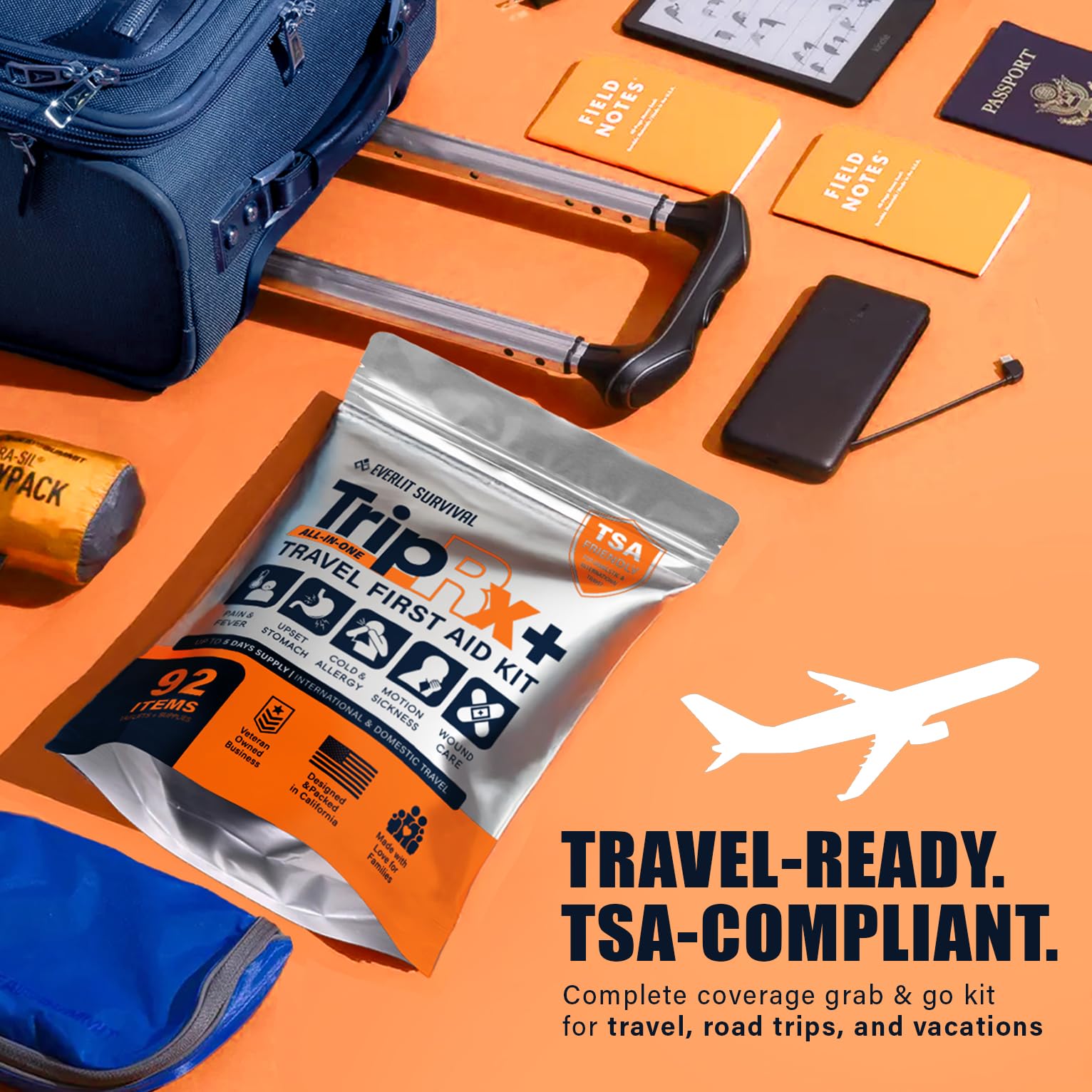 EVERLIT CARE Travel Medicine All in One First Aid Kit I OTC Meds + Medical Supplies I TSA Compliant