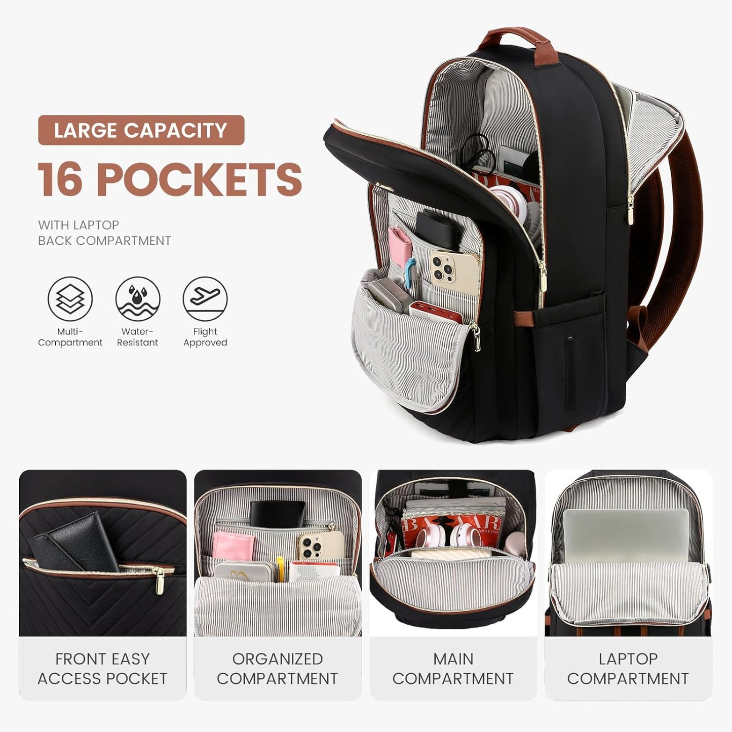 LOVEVOOK Laptop Backpack for Women 15.6 inch,Cute Womens Travel Backpack Purse,Professional Laptop Computer Bag,Waterproof Work Business College Teacher Bag Carry on Backpack with USB Port,Black Brown