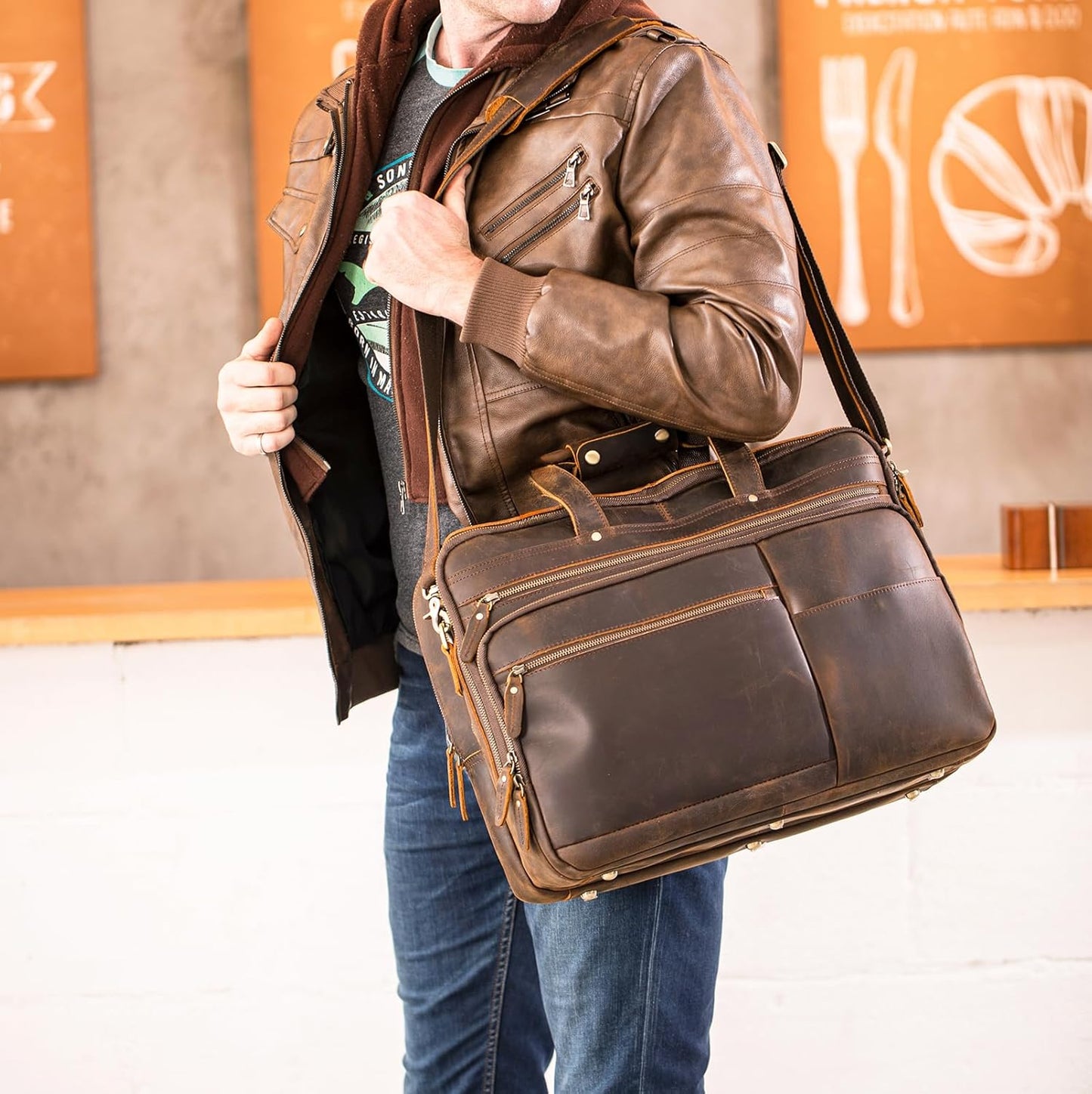 Polare X-Large 18" Full Grain Leather Briefcase For Men Business Travel Case Messenger Bag Fits 17.3" Laptop