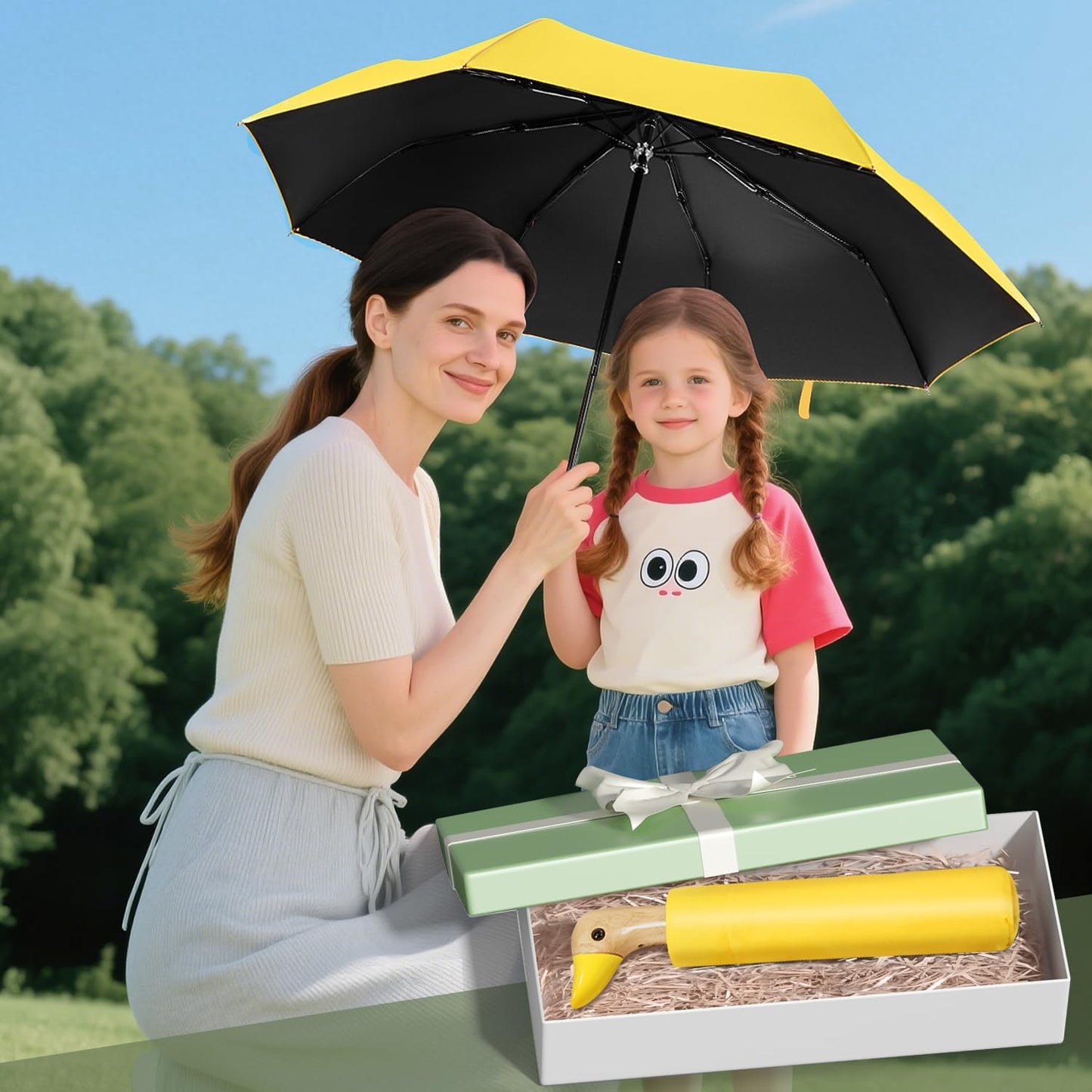 LEAGERA Compact Small Umbrellas for Rain&Sun, Cute Design Duck Head Umbrella for Girls Gifts, 8 Ribs Folding Umbrella with Wooden Handle