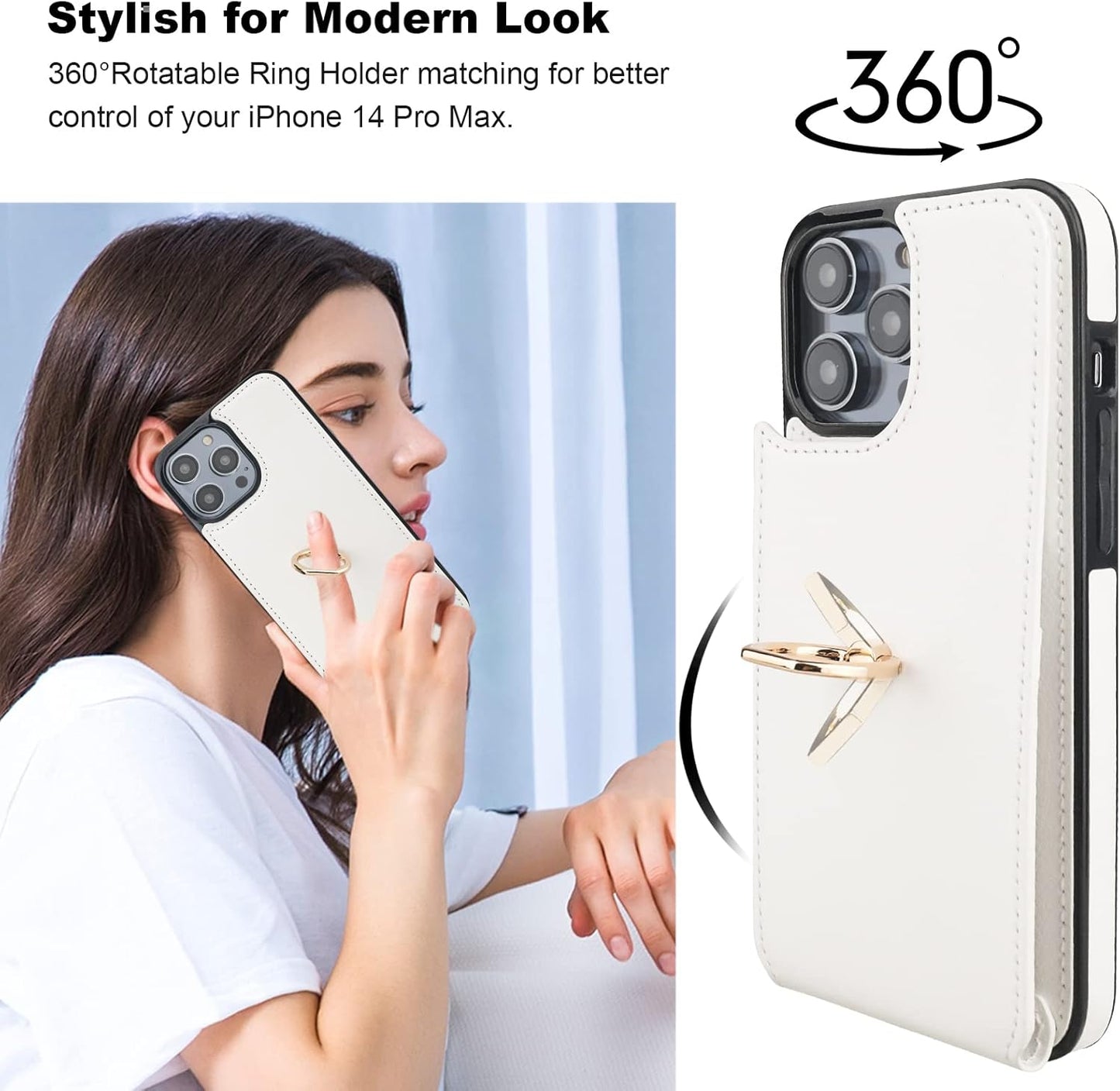 Folosu Compatible with iPhone 14 Pro Max Case Wallet with Card Holder, 360°Rotation Finger Ring Holder Kickstand, RFID Blocking Leather Protective Double Buttons Shockproof Cover 6.7 Inch White