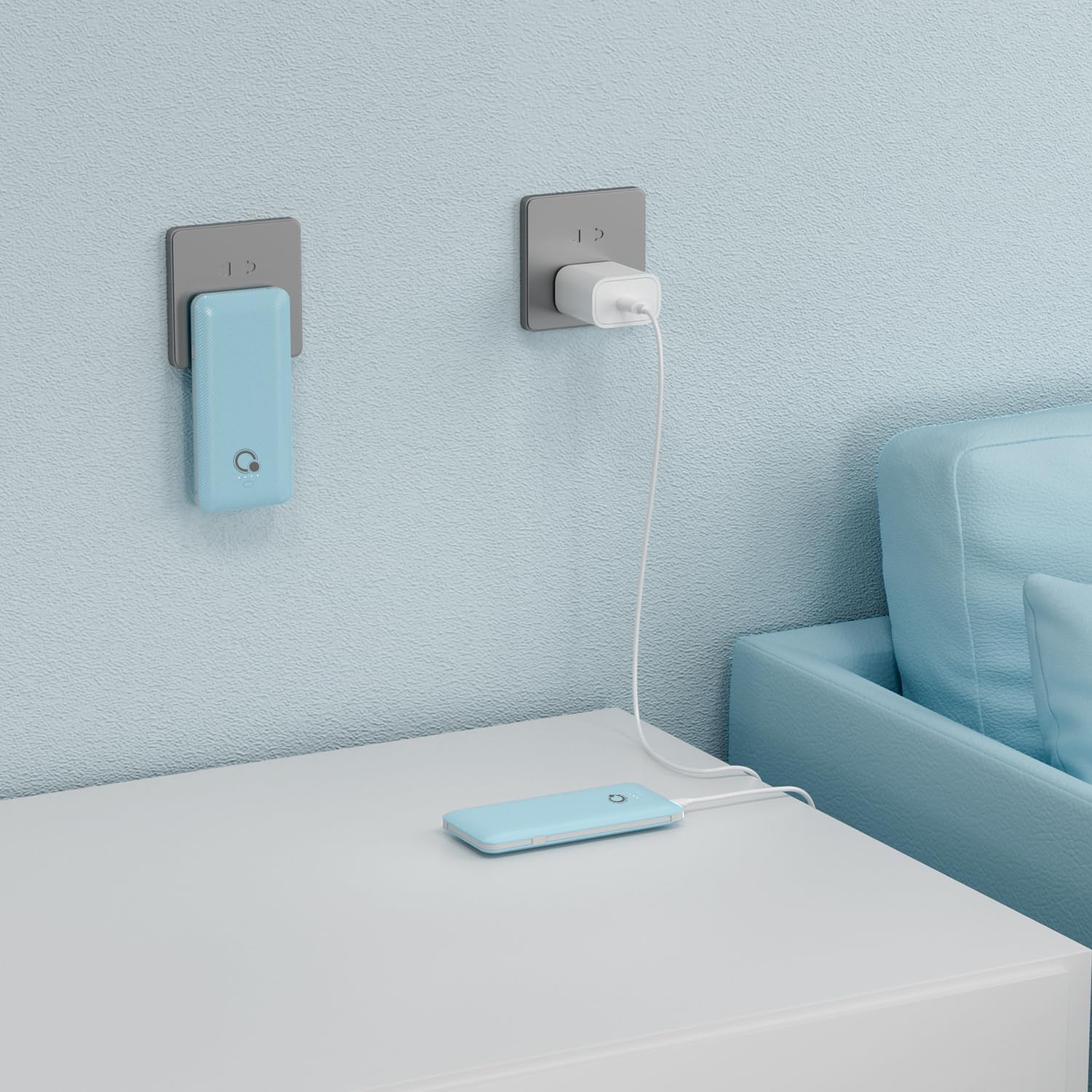 Q 10000mAh Power Bank, Slim Portable Charger,4 Output External Battery Pack with Built-in AC Wall