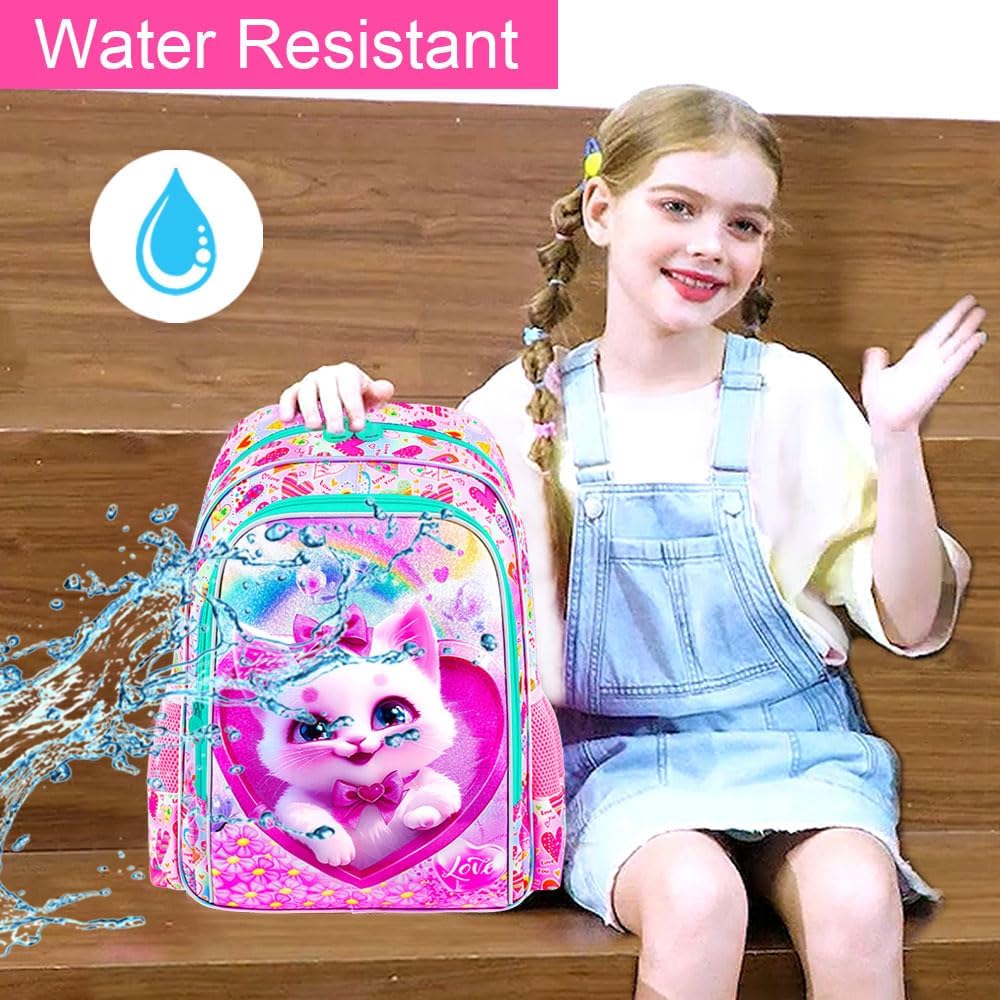 3PCS Girls Backpack, Kids Water Resistant Heart Bookbag Set with Lunch Box, Cute Kids School Bag for Preschool Toddler