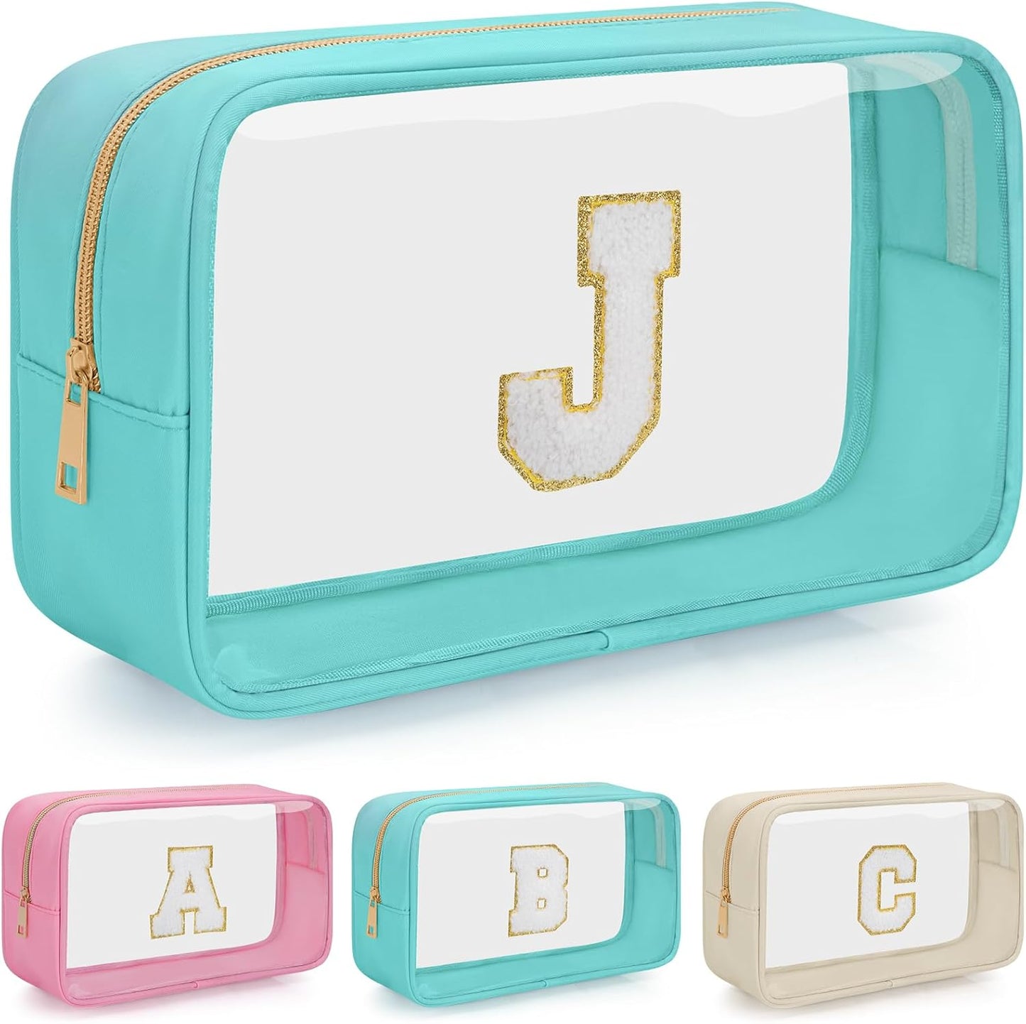 Personalized Initial Clear Makeup Bag, Travel Chenille Patch Cosmetic Bag, Preppy Toiletry Bag Monogram Cosmetic Pouch with Zipper, Ideal Gift for Teen Girls Women (Clear-Green, J)