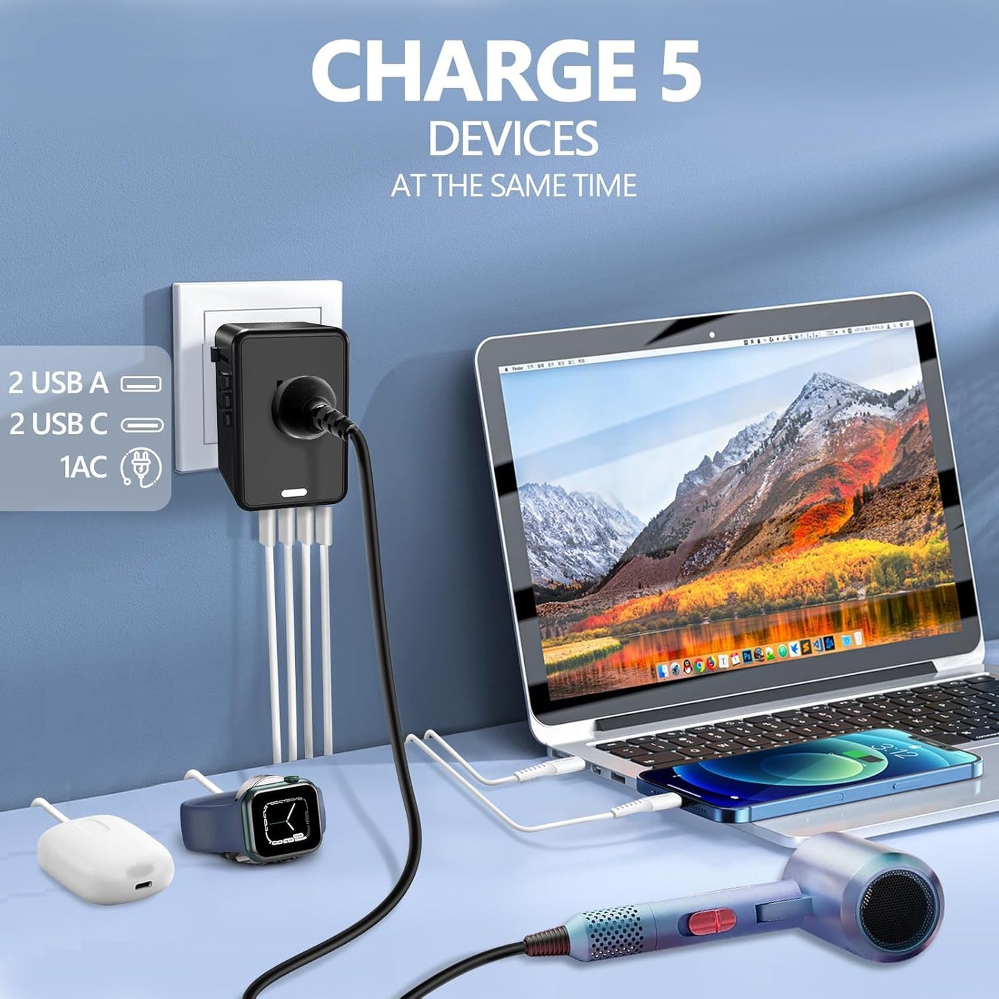 220V to 110V Voltage Converter US to Europe for Hair Dryer with Fast Charging 2 USB A 2 USB C, Power Converter Adapter Combo International Adapter C A I G (Black)