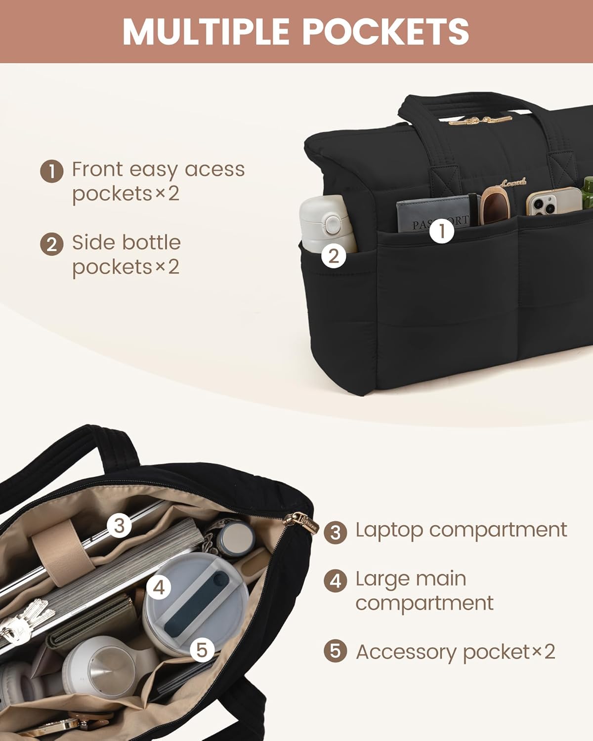 LOVEVOOK Tote Bag for Women,Light Puffer Tote Bag with Multi-pockets,Stylish Carry on Laptop Bags for Daily,Travel,Work,Gym