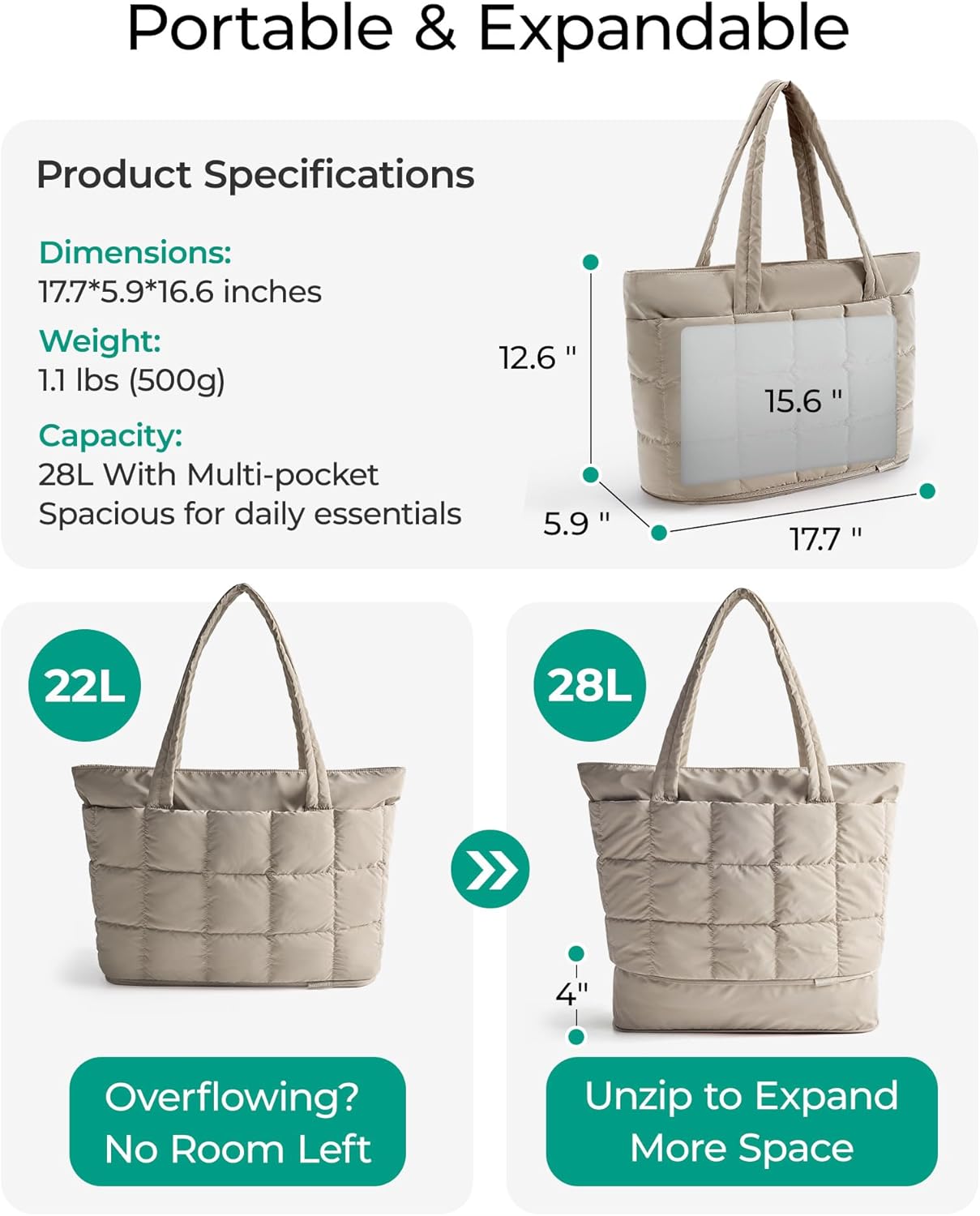 BAGSMART Expandable Tote Bag for Women, Puffer Work Tote Handbag, Quilted Carry-On Travel Gym Bag