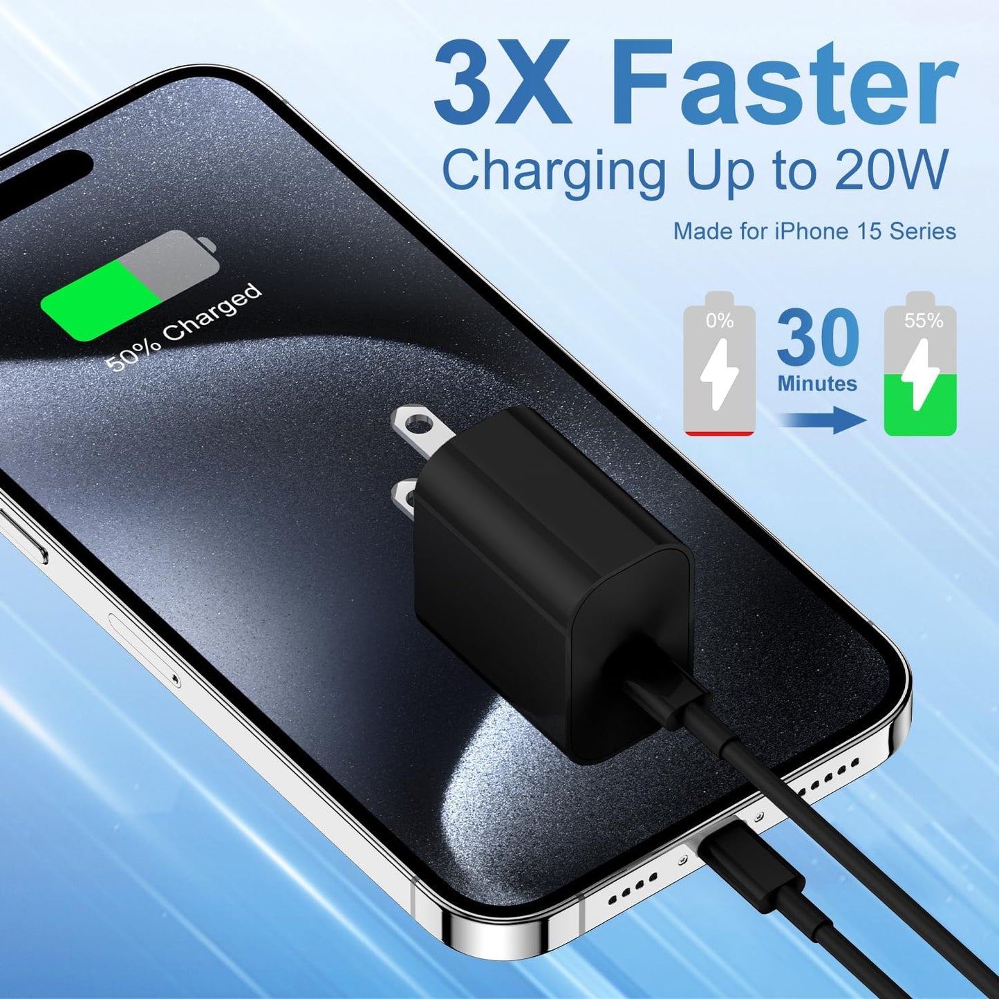 iPhone 16 15 Fast Charger and 10ft Type C to C Cable Cord Long,20W USB C Charging Block for Apple iPhone 16 Pro/16 Plus/15 Pro Max/15/iPad Wall Plug Power Adapter Cube Brick 12.9/11/Air 4th/6 Gen/Mini