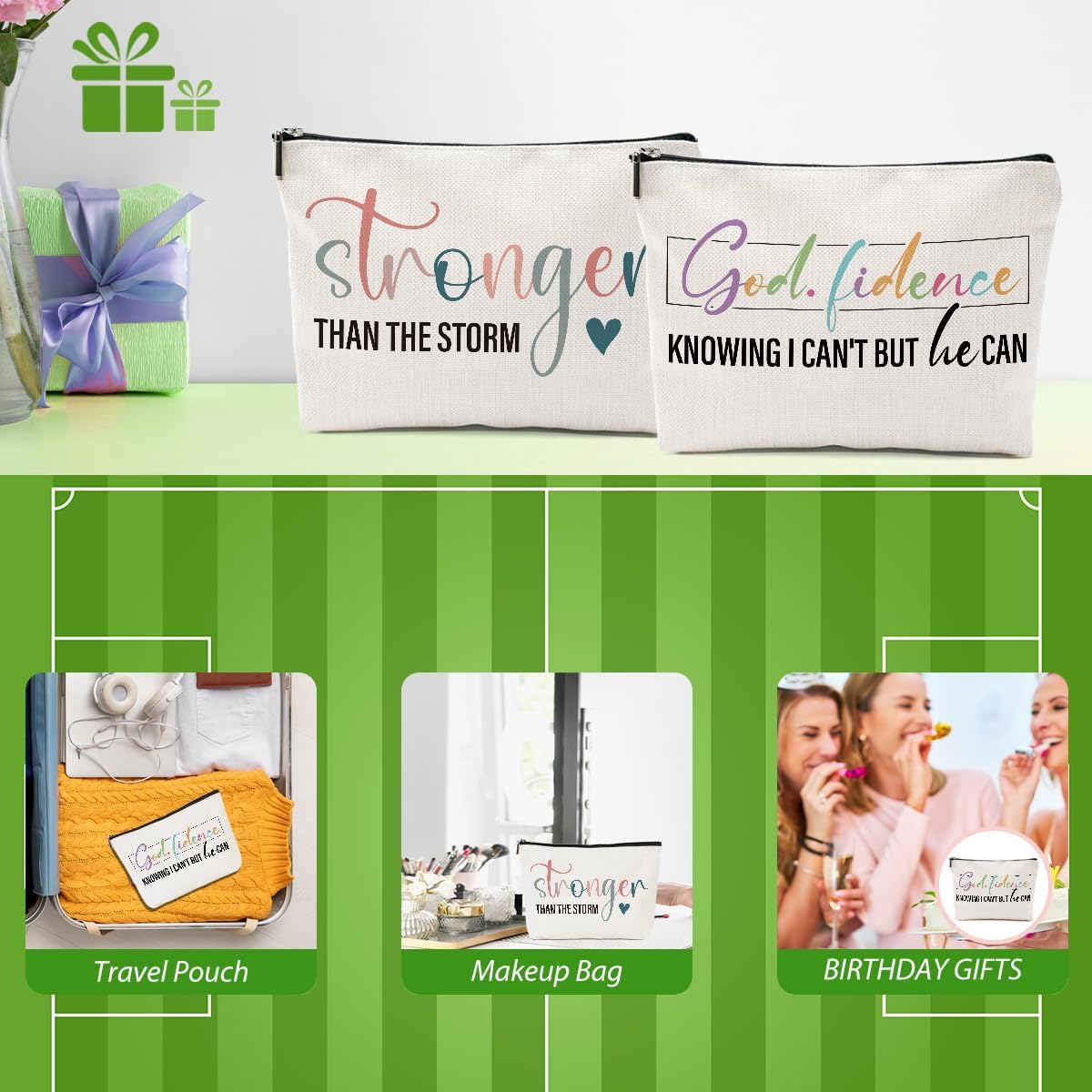 2pcs Bible Verse Makeup Bag, Christian Quotes Inspirational Cosmetic Bag Religious Sayings Christmas Birthday Bible Gifts for Women Friend Girls