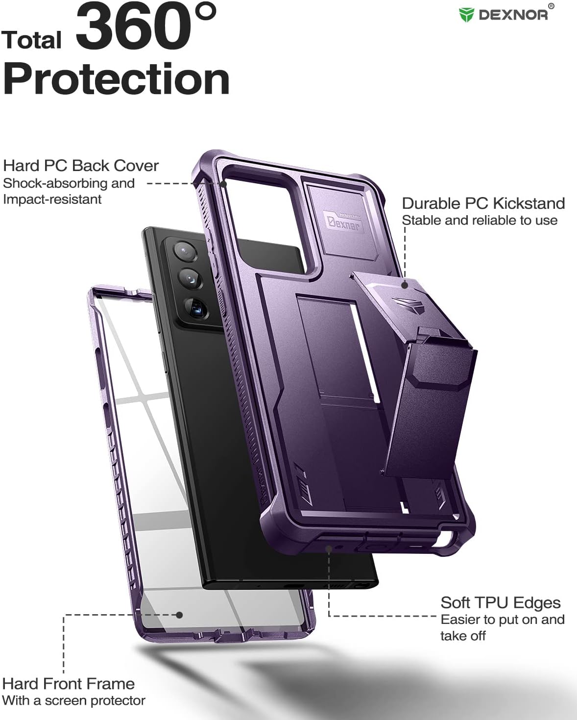 Dexnor for Samsung Galaxy Note 20 Ultra 5G Case, [Built in Screen Protector and Kickstand] Heavy Duty Military Grade Protection Shockproof Protective Cover for Samsung Galaxy Note 20 Ultra Purple