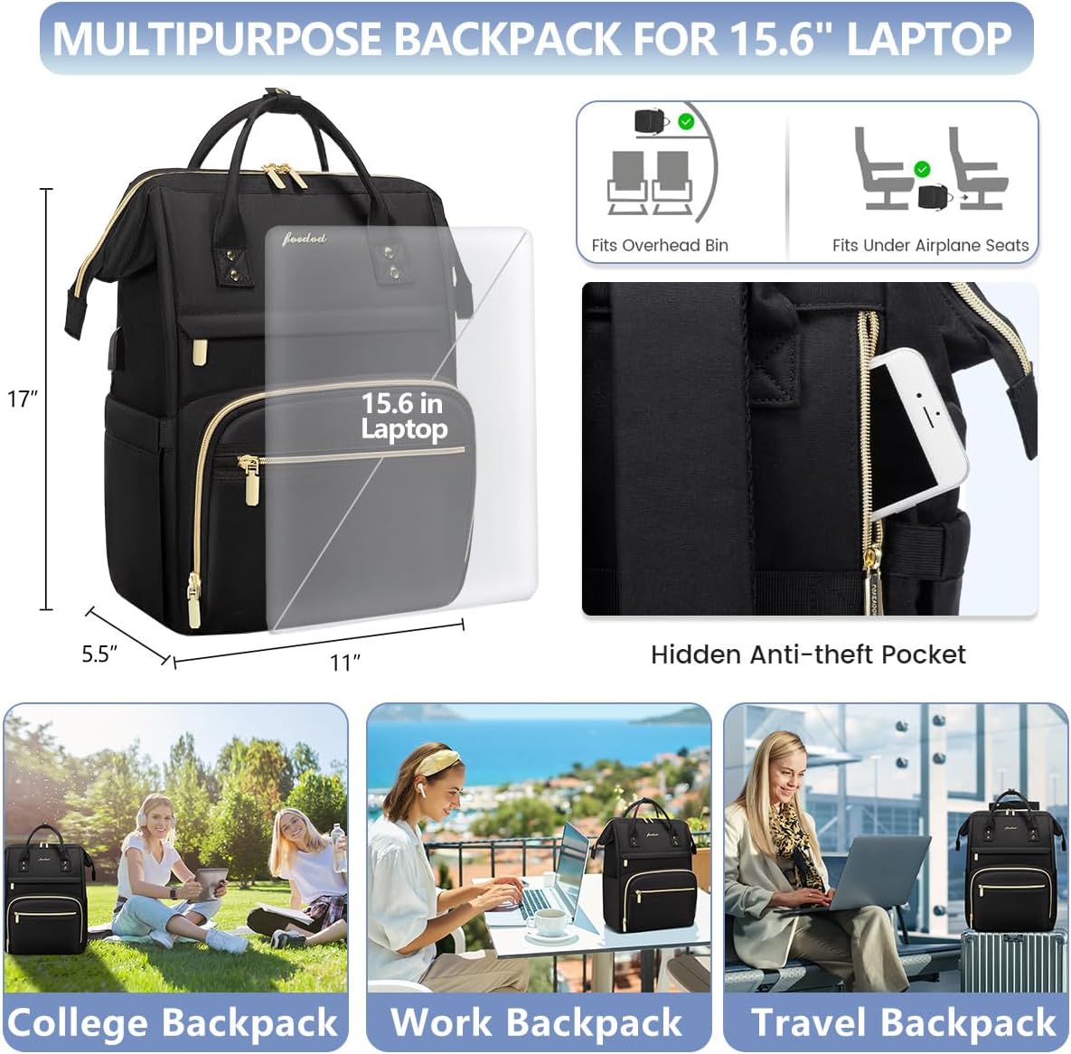 Women Laptop Backpack Work Bag - Fits 15.6 inch with Laptop Compartment Waterproof Professional Fashion Travel Purse for College Nurse Business Computer Backpack