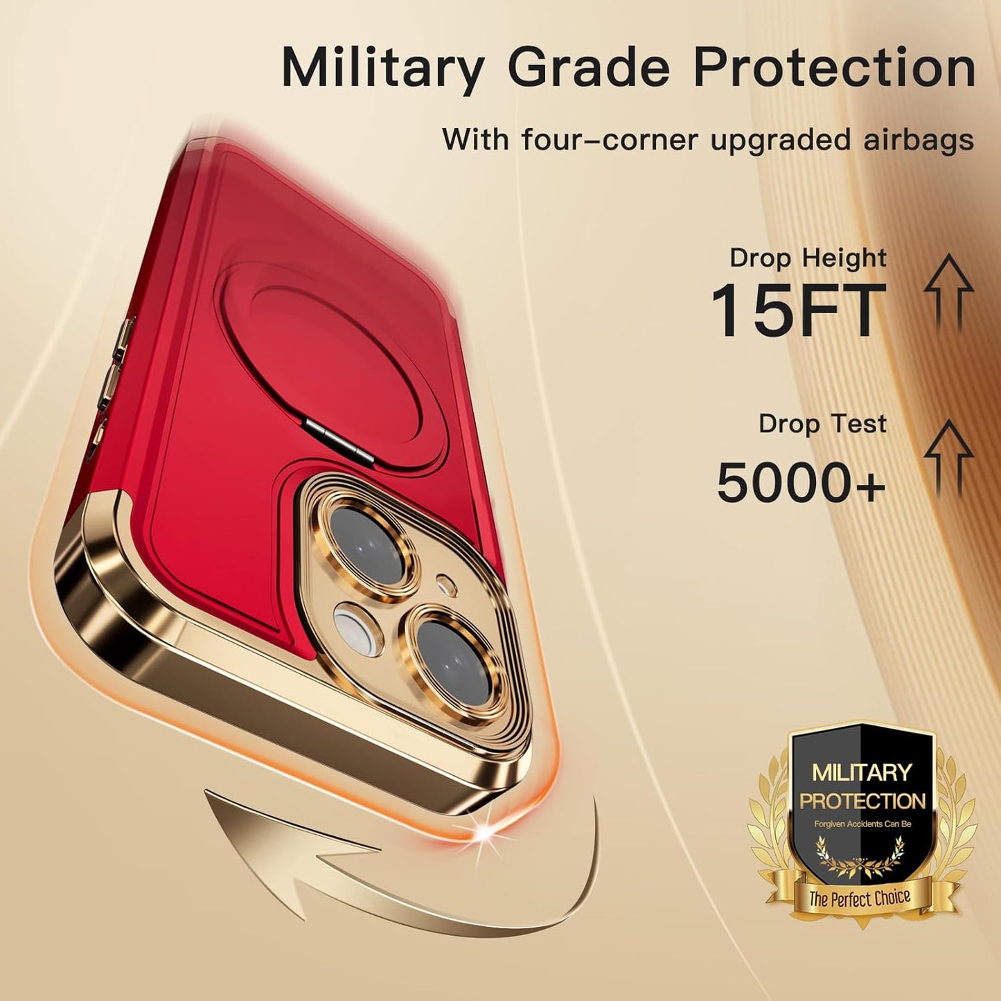 COOLQO for iPhone 15 Case 6.1'' Upgraded 360° Spin Magnetic Stand [Compatible with Magsafe][Military Protection] Plating Matte Scratch-Resistant Back Protective Shockproof Phone Case, Red Gold