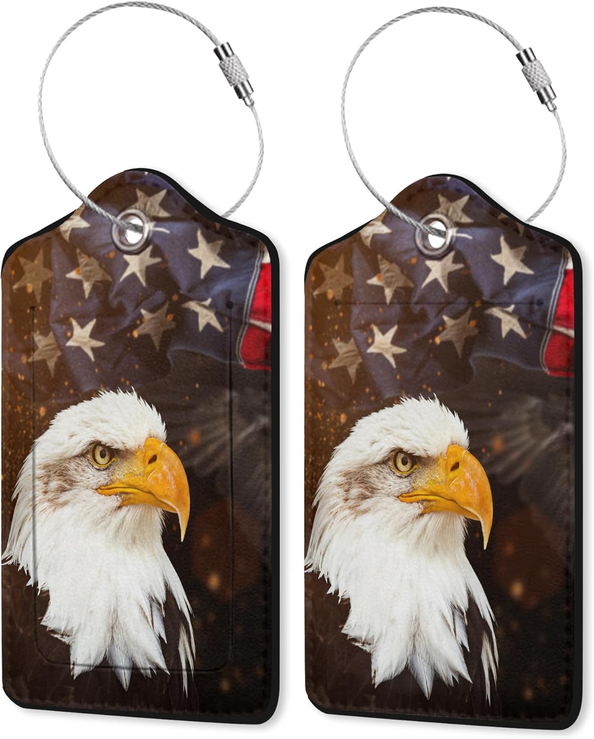 2 Pack Luggage Tag for Suitcase,American Flag with Eagle Leather Suitcase Tags Identifiers with Privacy Name Address Labels & Durable Steel Loop for Women/Men Travel