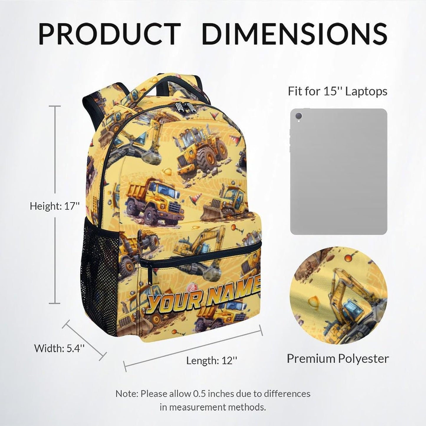Backpack for Boys - Personalized Construction Backpacks with Name for Boys - Custom Toddler Bookbag Gifts for Son - Truck School Bag for Kindergarten/Preschool/Elementary(17 Inch)