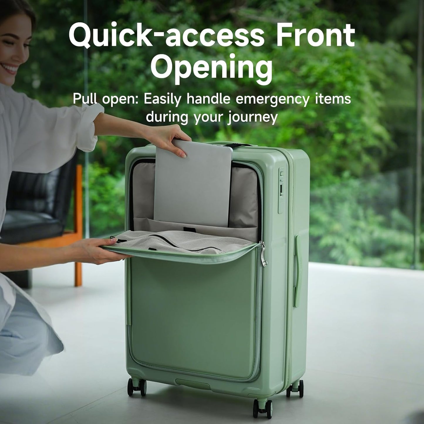 ROAMING Expandable 24-Inch Checked Luggage with Mute Brake Wheels Airline Approved Hard Shell Suitcases with Front Pocket Top Opening Luggage with TSA Lock for Short Business Travel, Jade cyan