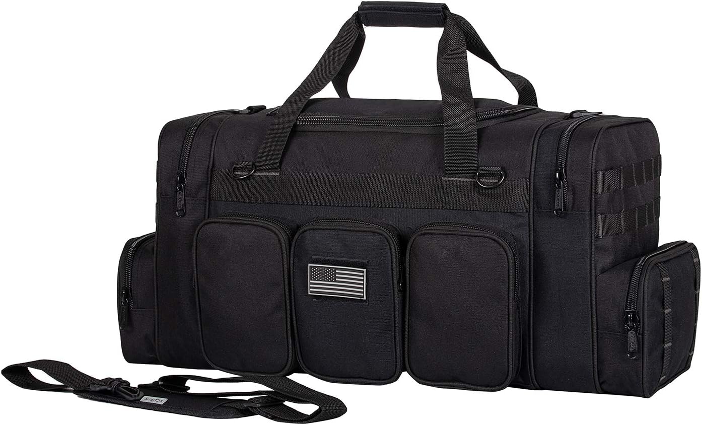 K-Cliffs Heavy Duty Tactical Range Duffel Quality Gear Travel Sports Gym Equipment Bag Military Molle Lockable Zippers with US Flag Patch 27 Inch Black