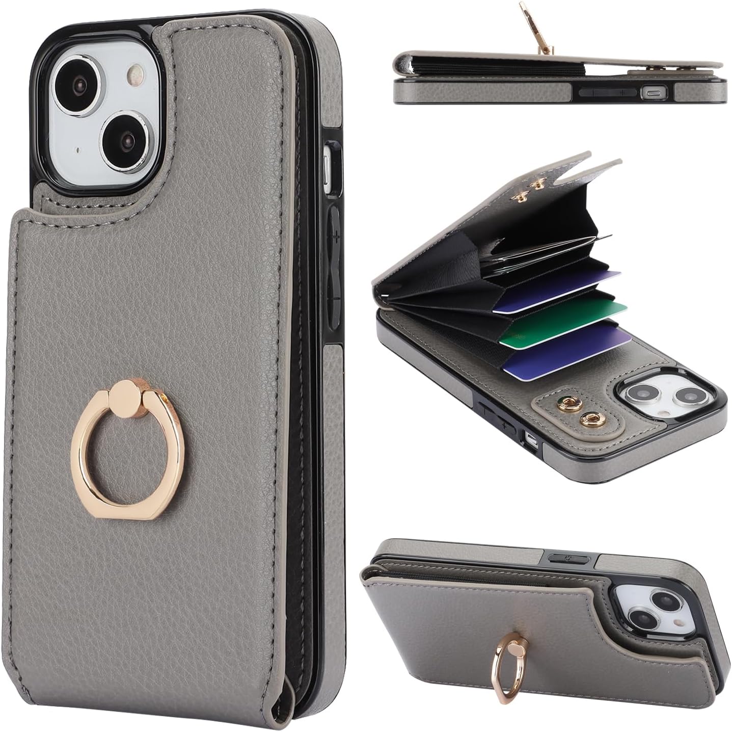 Folosu Compatible with iPhone 14 Case Wallet with Card Holder, 360°Rotation Finger Ring Holder Kickstand, RFID Blocking Leather Protective Double Buttons Shockproof Cover 6.1 Inch Gray