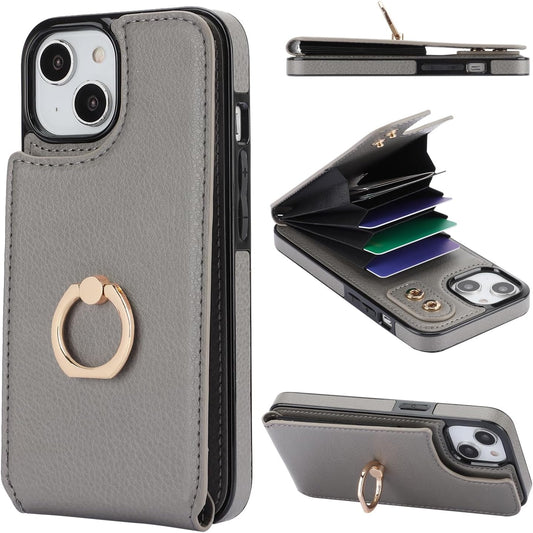 Folosu Compatible with iPhone 14 Case Wallet with Card Holder, 360°Rotation Finger Ring Holder Kickstand, RFID Blocking Leather Protective Double Buttons Shockproof Cover 6.1 Inch Gray