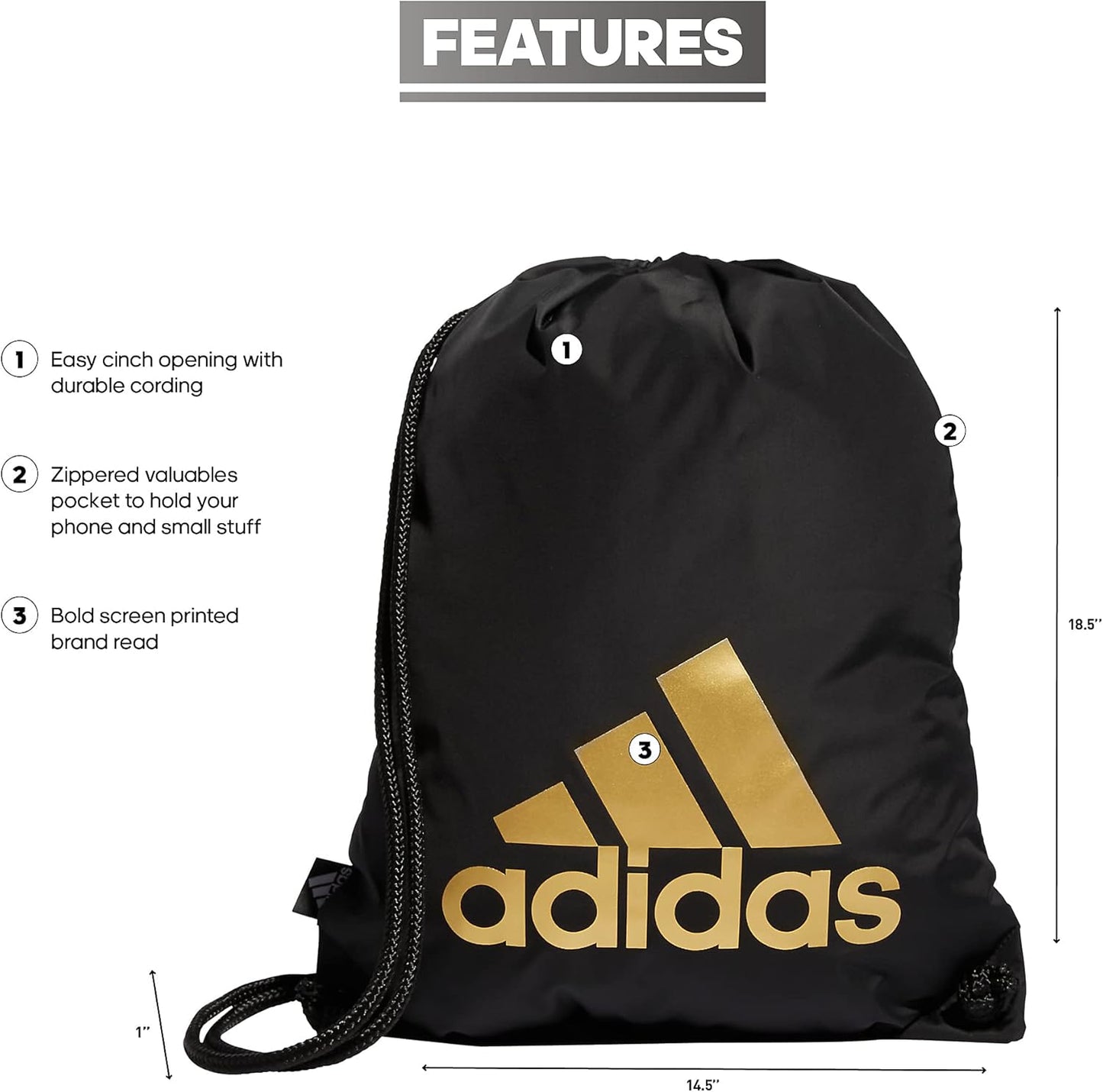 adidas Ready Sackpack – Drawstring Backpack Lightweight Small Gym Bag, Black/Gold Metallic/1.0, One Size