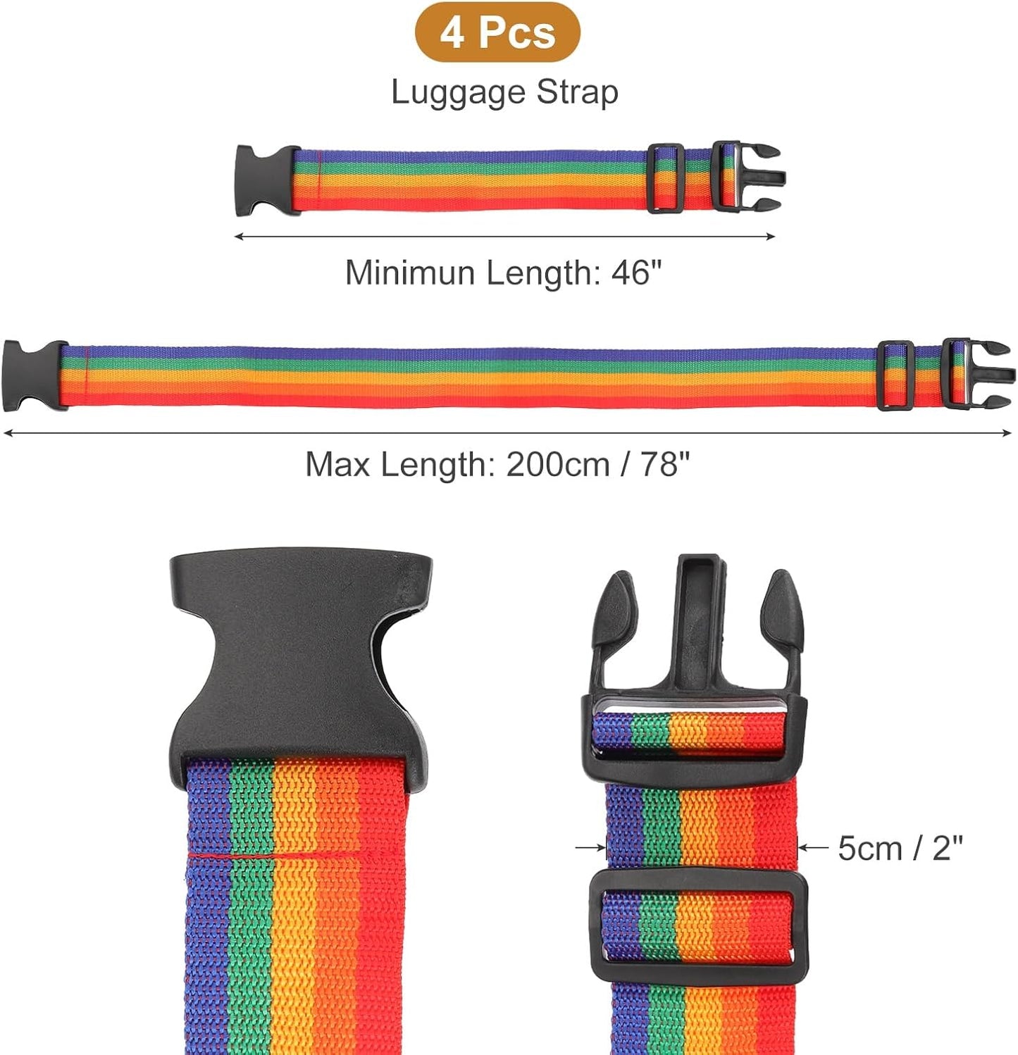 MECCANIXITY Luggage Straps with Quick-Release Buckle Adjustable Suitcase Belt Strap for Suitcase Briefcase Backpack Travel, Rainbow, Pack of 4