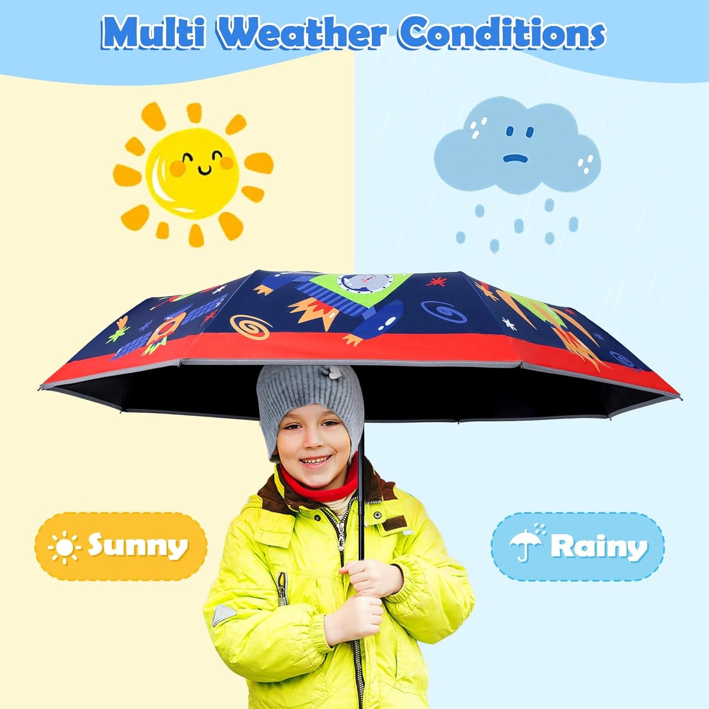 Kids Folding Umbrella Auto Open/Close Anti-rebound Safe Design UV Resistant Automatic Children Travel Umbrellas 8 Rib Reinforced Canopy 360° Reflective Strip Lightweight Cute Umbrella for Girls & Boys