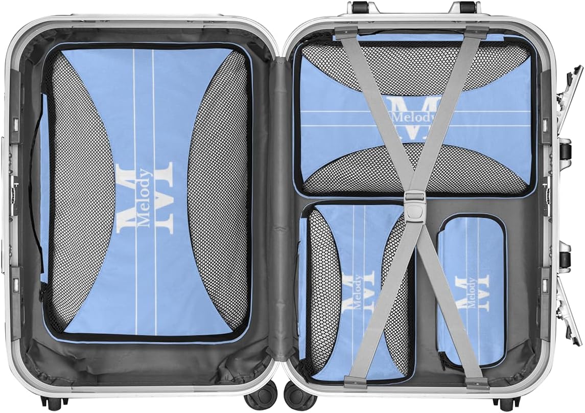 Custom Name 4 Pcs set travel luggage organizer Mesh Travel Essentials for Suitcases, Light Sky Blue with Initial Letter