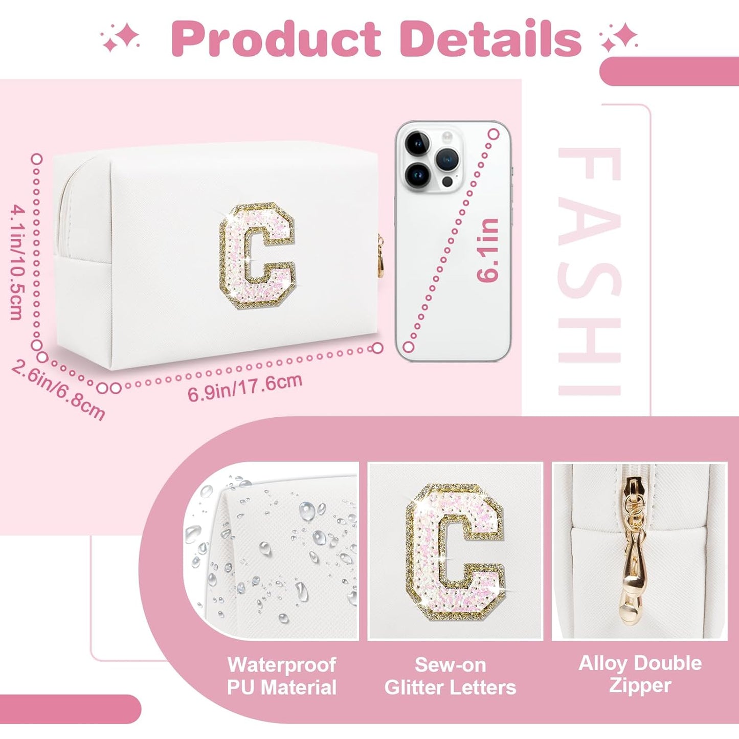 Small Initial Patch Makeup Bag Personalized Gifts Make Up Bag,White Cute PU Leather Glitter Letter Cosmetic Bag with Zipper,Trendy Portable Travel Toiletry Pouch,Preppy Stuff for Teen Girls Women C