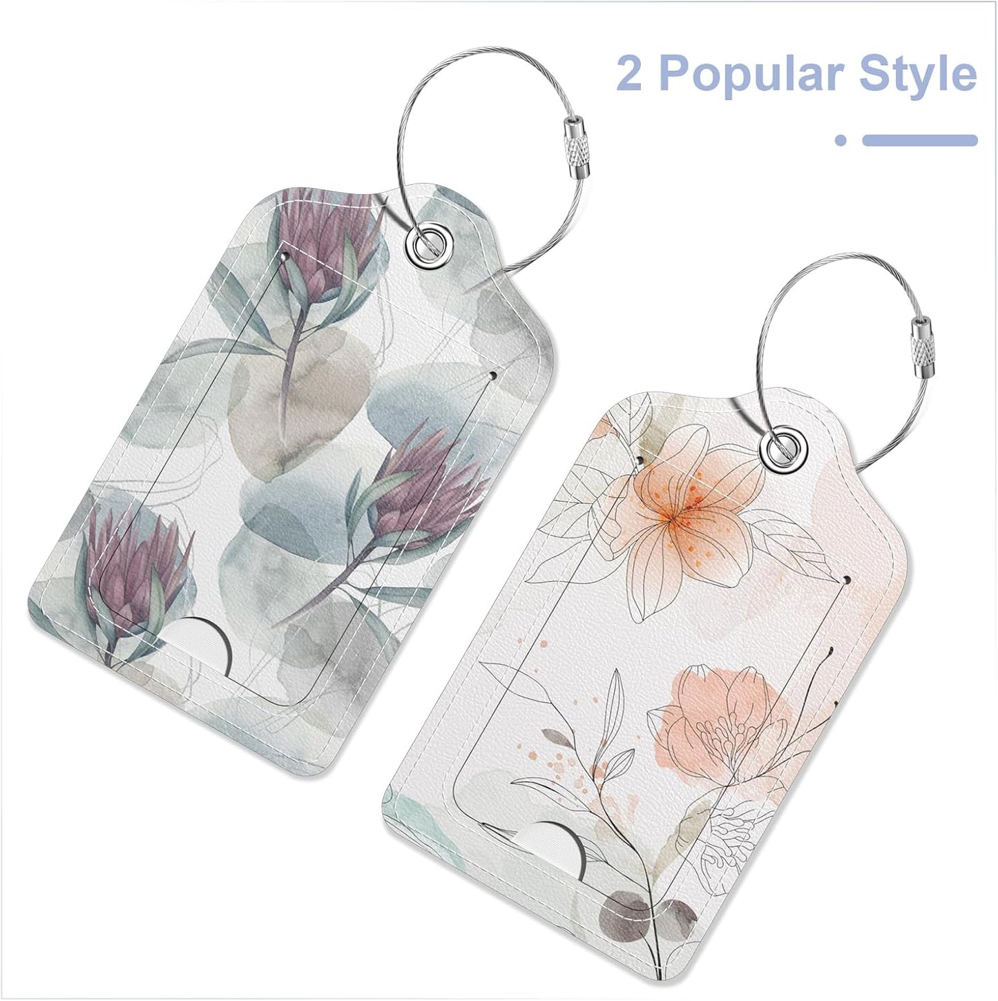 2 Pack PU Leather Luggage Tags for Suitcase, Travel Cruise Luggage Tag with Privacy Flap, Name ID Label and Metal Loop for Women Men Baggage Handbag School Bag Backpack, Ink Flower
