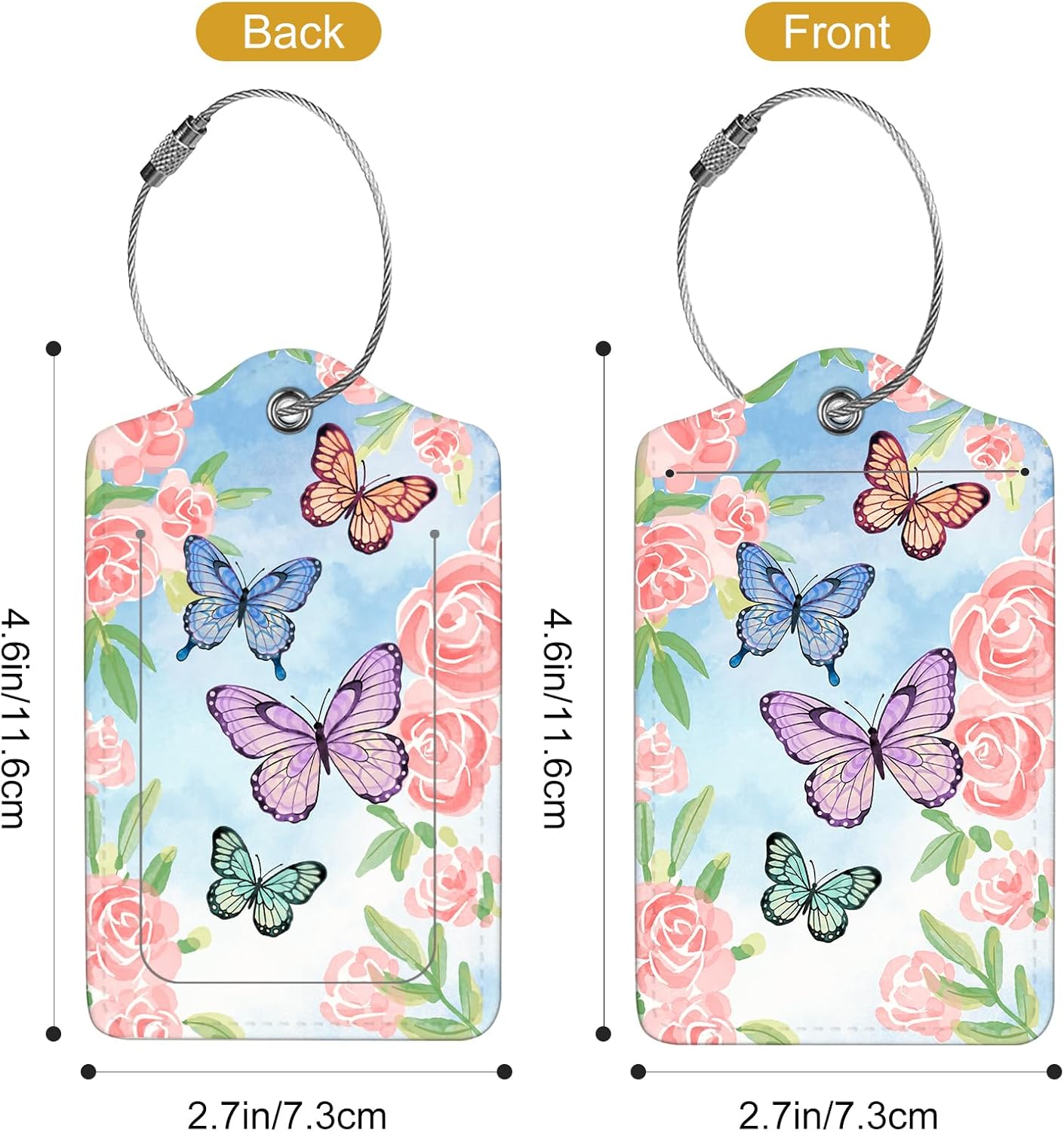 2Pack Luggage Tags for Suitcases, Cute Unique Pu Leather Cruise Luggage Tag with Privacy Cover ID Label Address Card and Metal Ring Suitable for Women Men Kids Travel Bag Pink Flowers and Butterflies