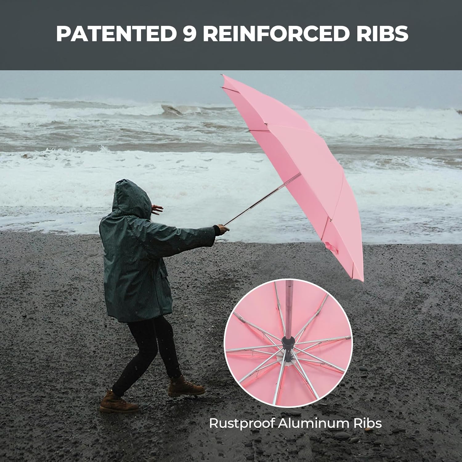 Compact Inverted Travel Umbrella, Automatic Open Close, 9-Rib 46 Inch Windproof Umbrella