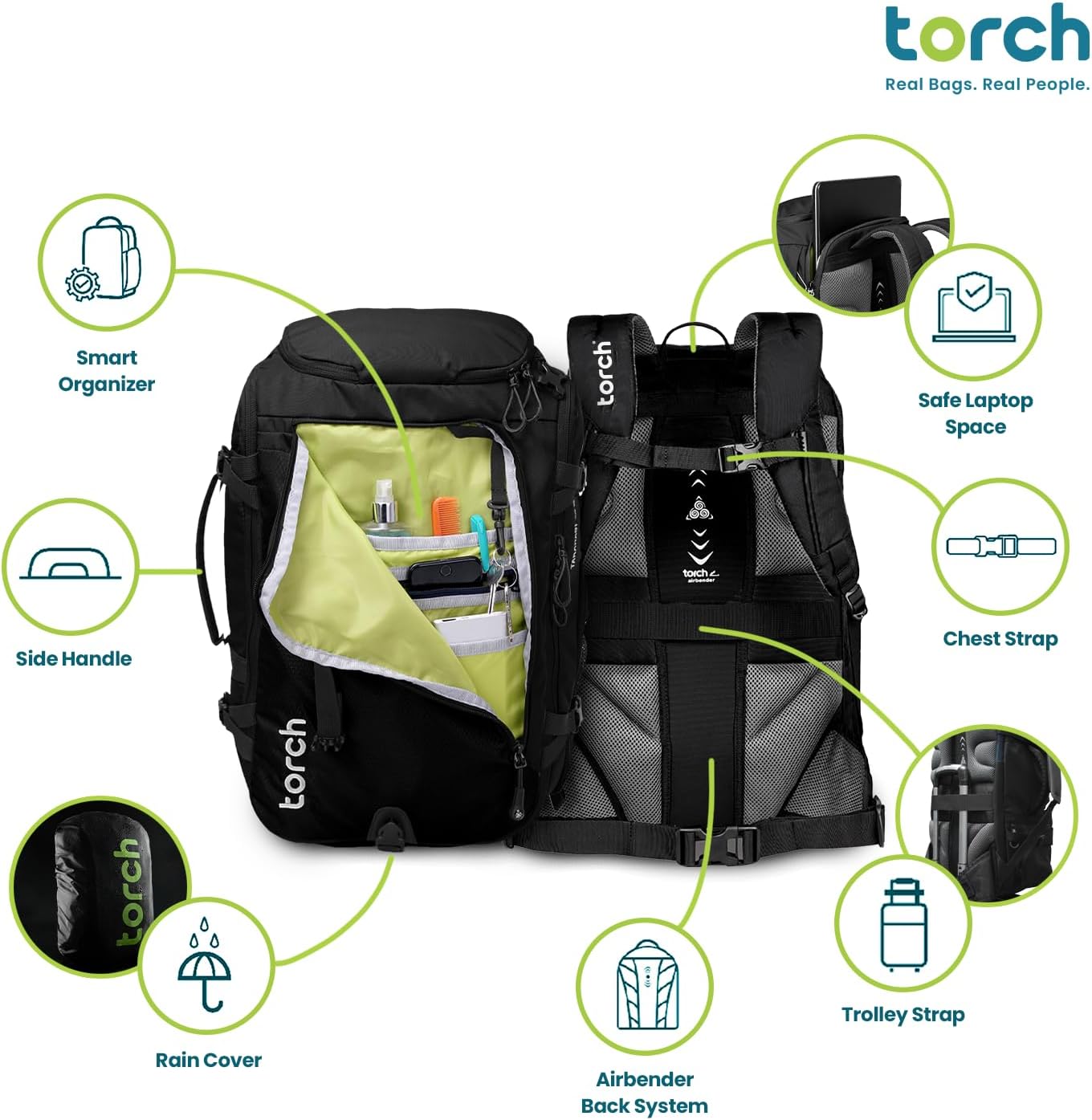 torch Travel Backpack 40L – TSA Friendly Flight Approved, Carry-On Waterproof Hiking Daypack with Rain Cover – Lightweight Rucksack for Camping, Trekking, Outdoor Adventures – Takahagi(Black)