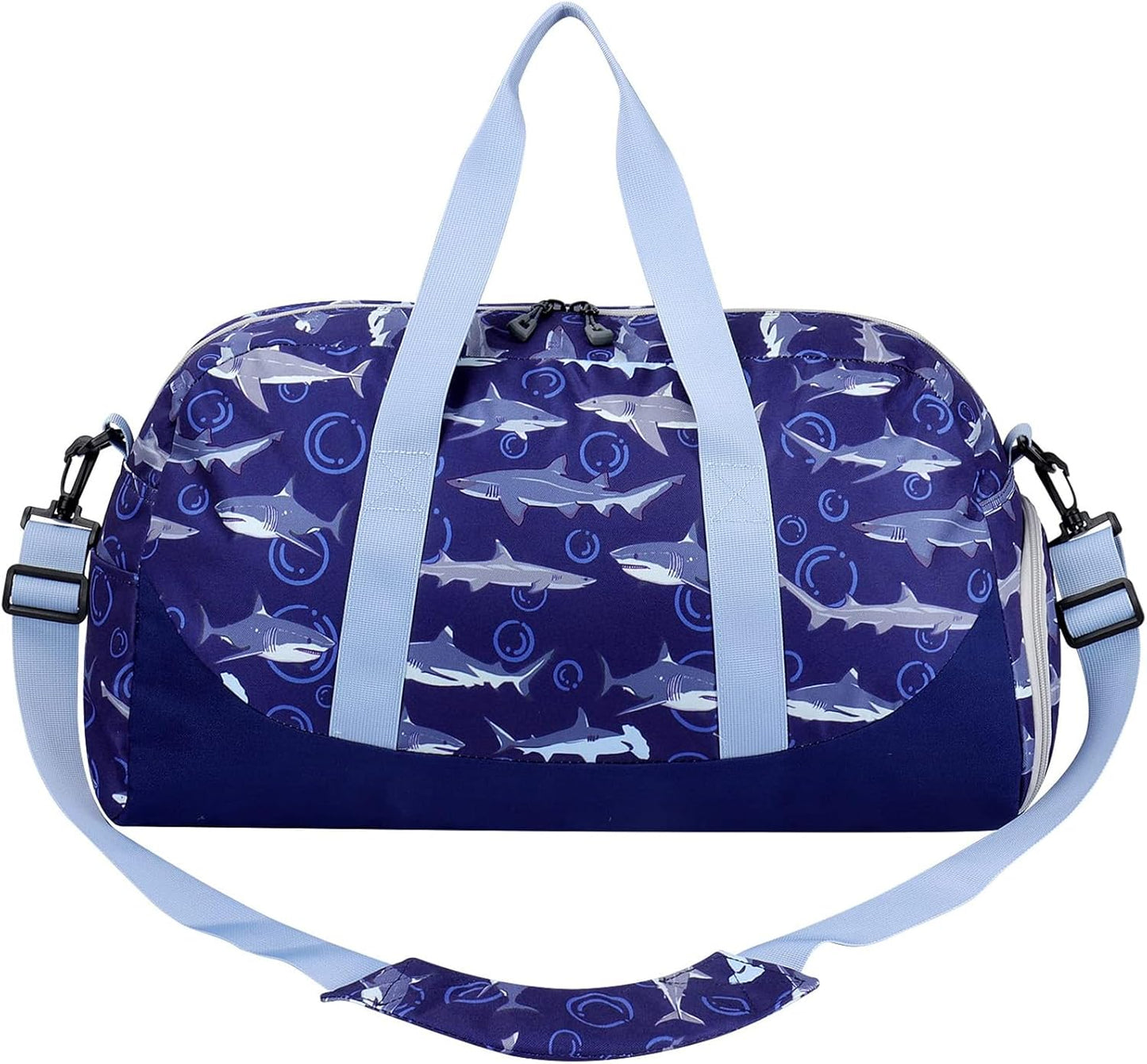 Choco Mocha Kids Duffle Bag - Boys Shark Travel Overnight Bag for Toddlers - Weekender Duffel for Children's Gym Sports Sleepover - 6-8 Gift Navy