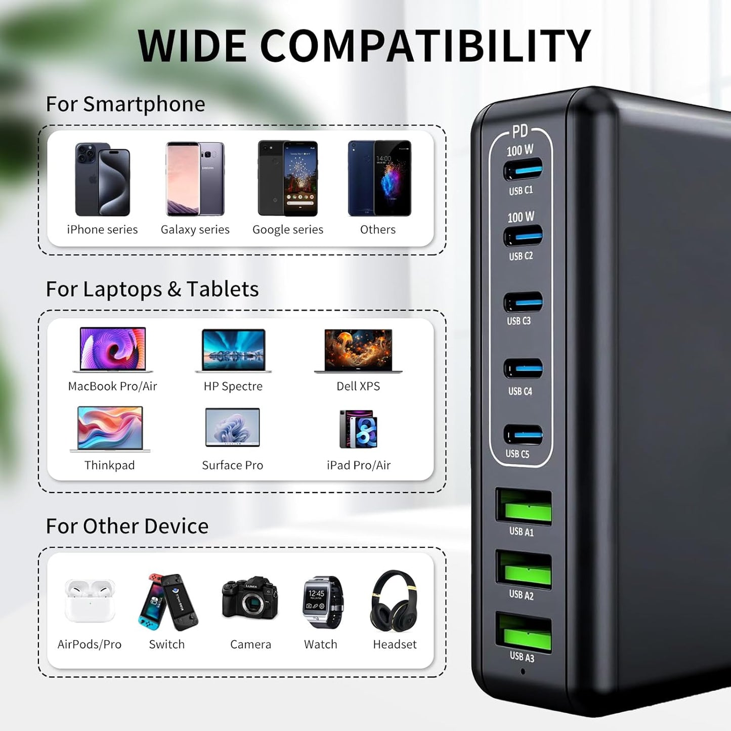 400W USB C Charger Block 8 Port Fast Charging Station with iWatch Fast Wireless Charger Upgraded 9 in 1 GaN III PD 100W Laptop Charger Adapter Compatible with MacBook Pro/Air, iPhone16/15, Galaxy