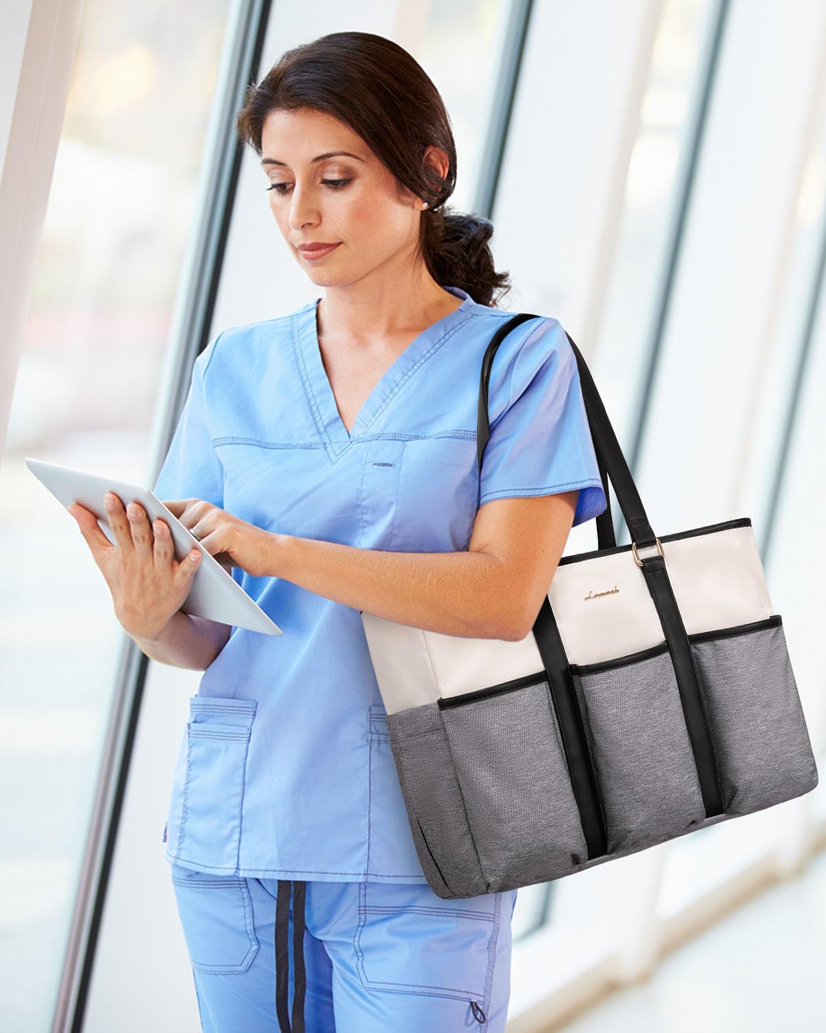 LOVEVOOK Nurse Work Tote Bag for Women With Large Cup Holder, Teacher Tote Laptop Bag for Women, Utility Bag For Work/Travel/College/Daily, Professional Computer Purse Handbag, 15.6 Inch