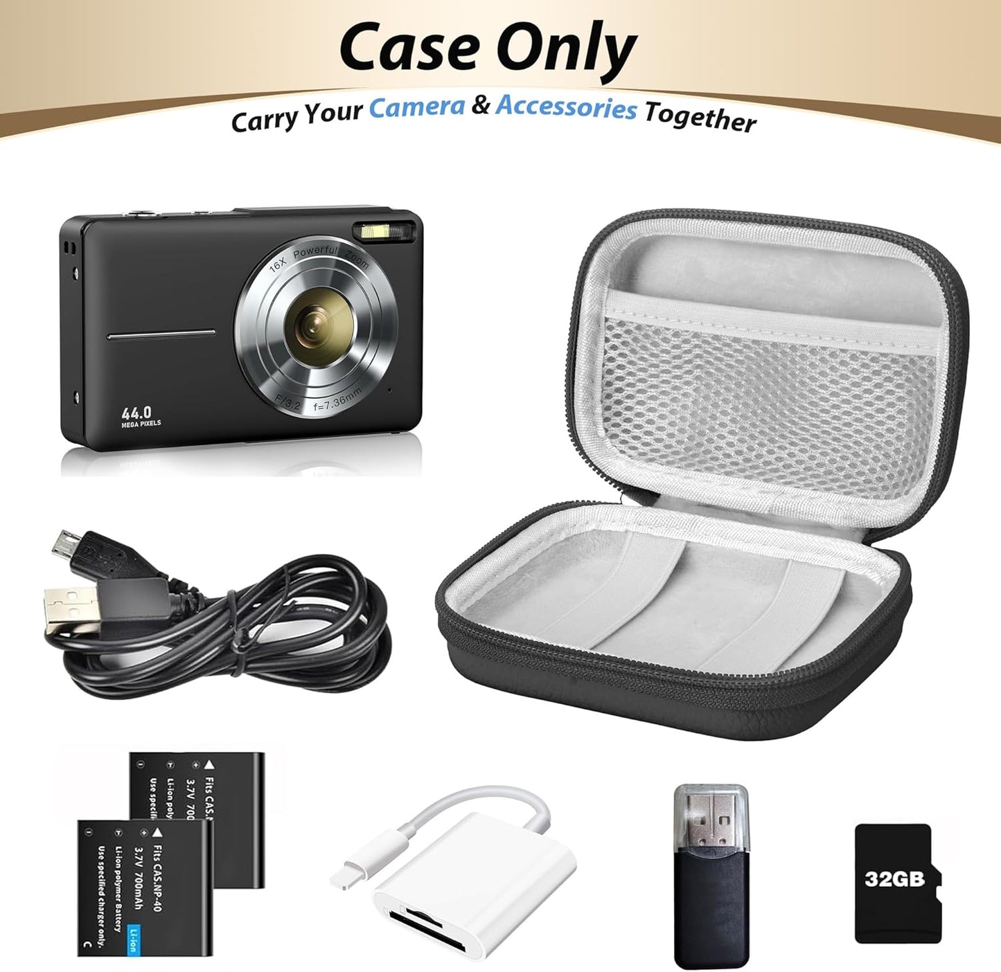 Digital Camera Case for CAMKORY, KODAK PIXPRO FZ45/FZ55, Canon IXUS 285 HS, Lecran, Small Travel Compact Camera Holder with Mesh Pocket for Accessories SD Card (Black)