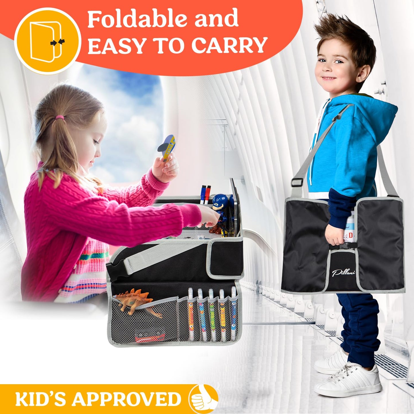 PILLANI Kids Travel Tray for Car - Car Seat Tray with Activity Sheets & Pens, Road Trip Essentials