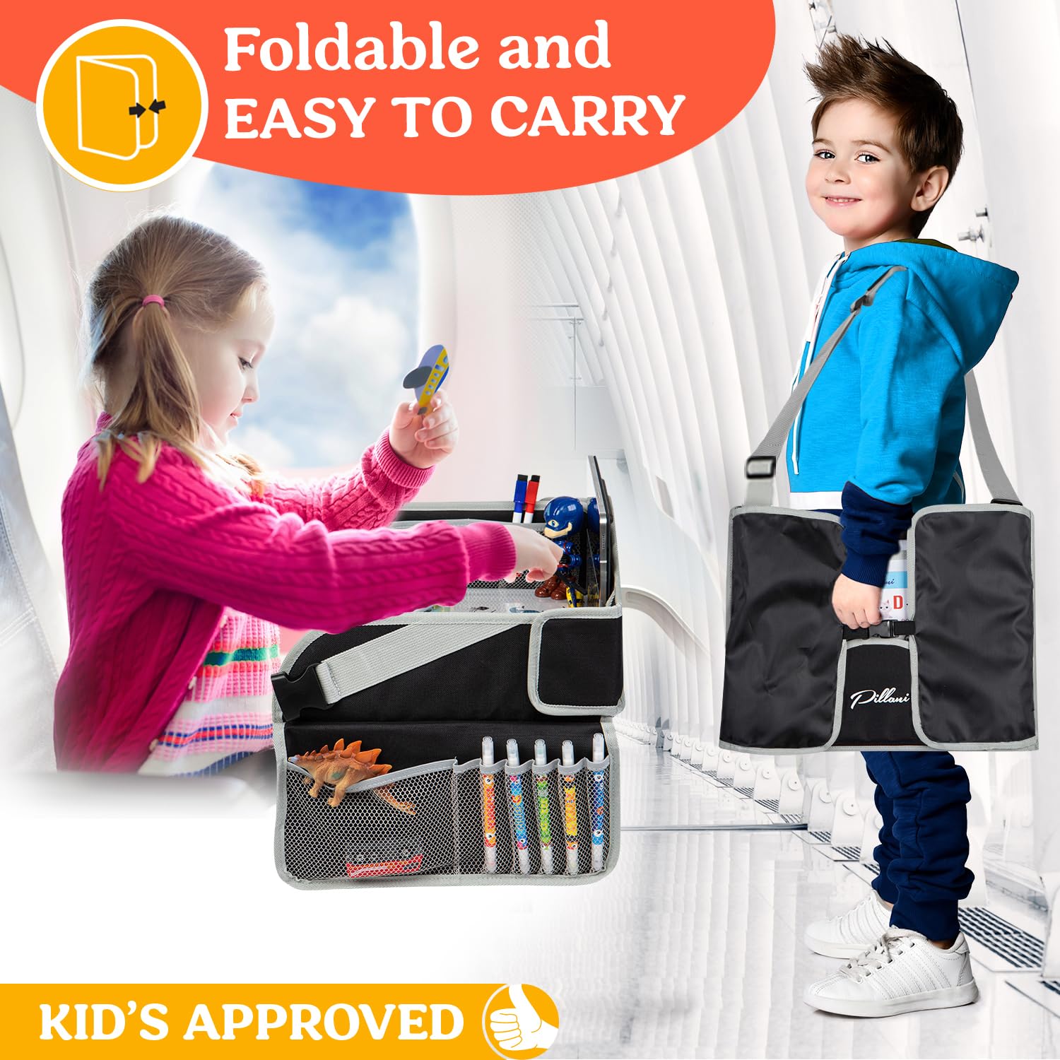 PILLANI Kids Travel Tray for Car - Car Seat Tray with Activity Sheets & Pens, Road Trip Essentials