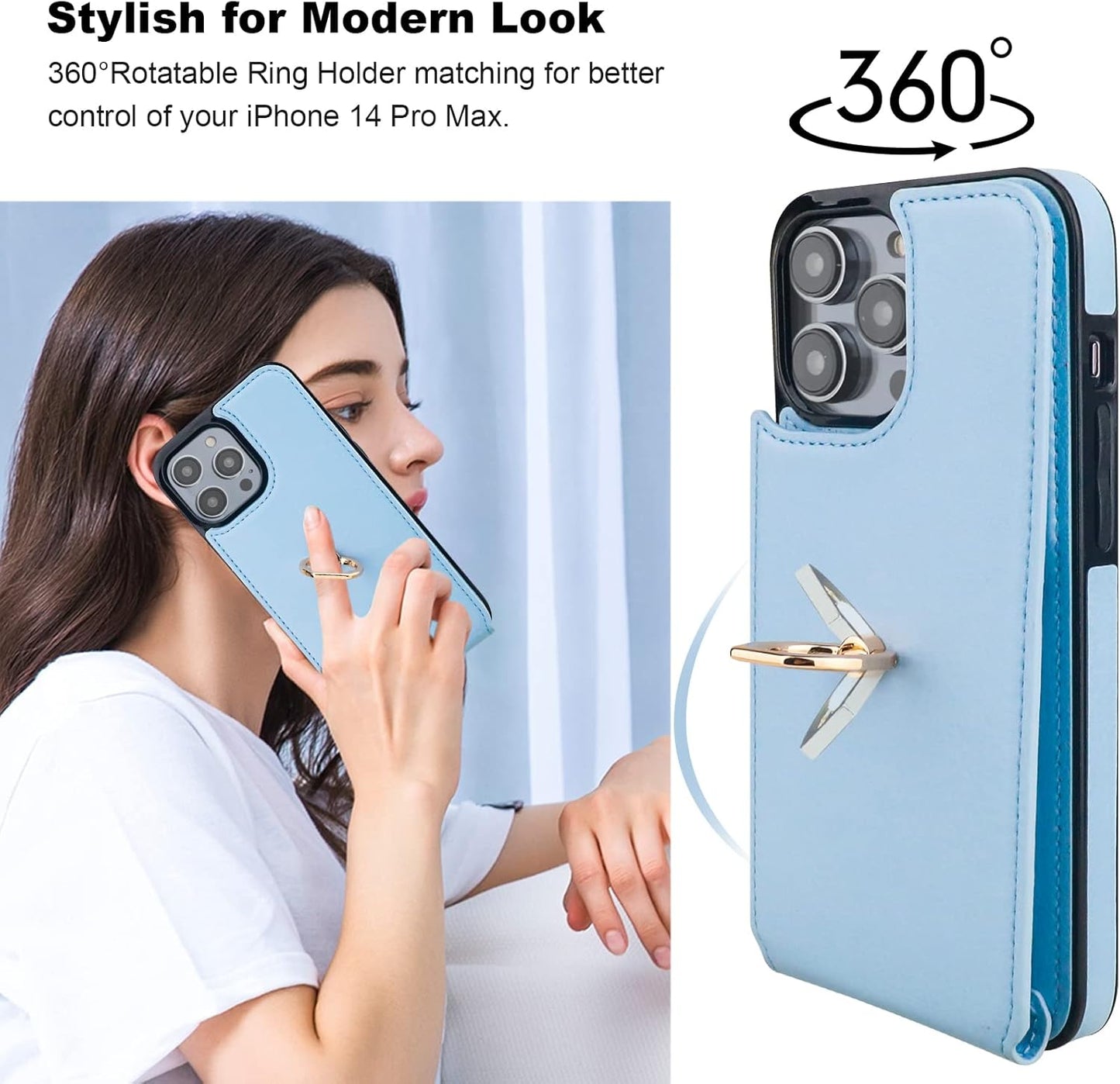 Folosu Compatible with iPhone 14 Pro Max Case Wallet with Card Holder, 360°Rotation Finger Ring Holder Kickstand, RFID Blocking Leather Protective Double Buttons Shockproof Cover 6.7 Inch Blue