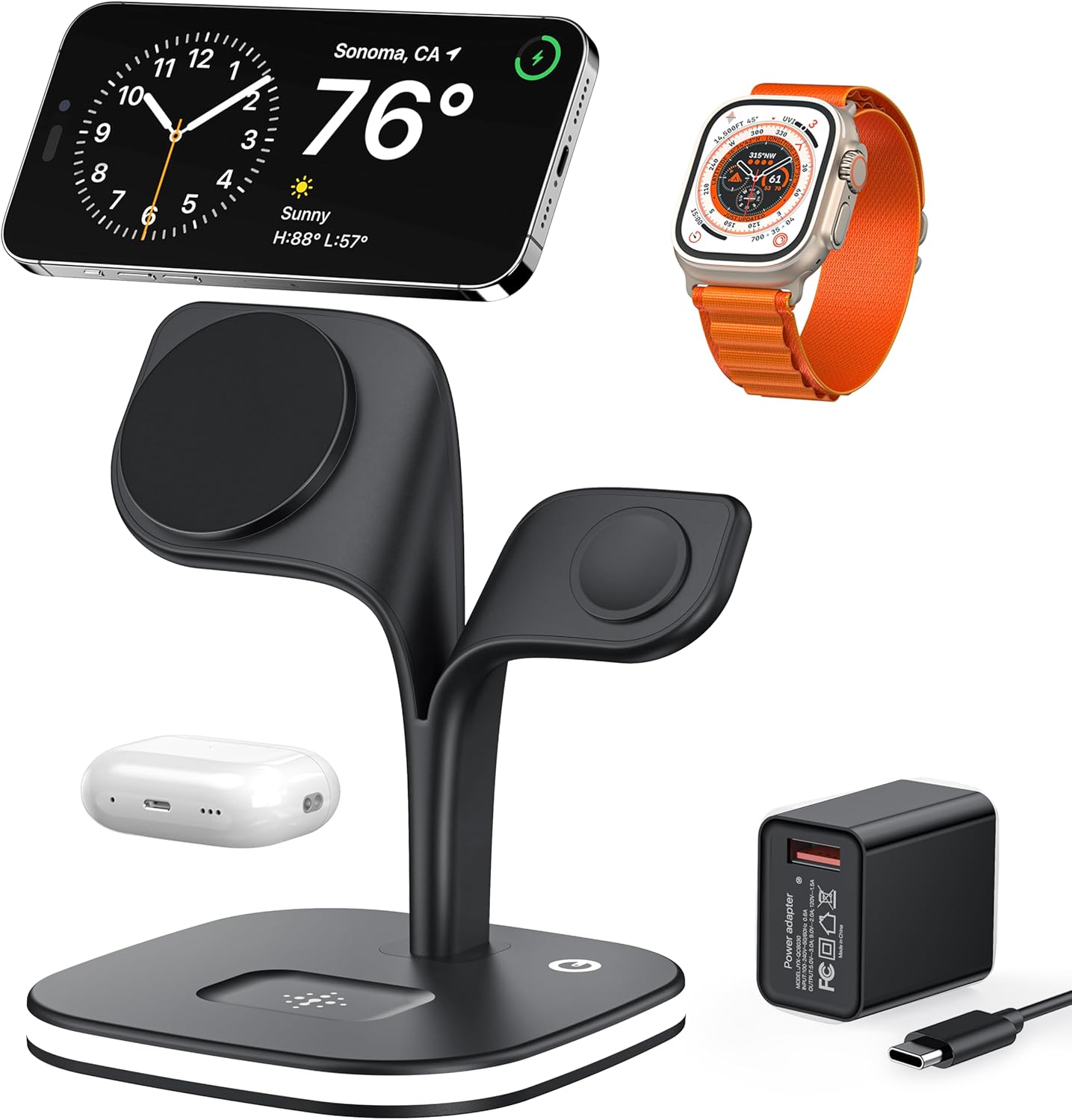 EXW Wireless Charging Station for Magsafe Charger,Charging Station for Multiple Devices,Wireless Charger for iPhone 17 Air 16 15 14 13 12 Series,Apple Watch Series 1-10,AirPods with LED and Adapter