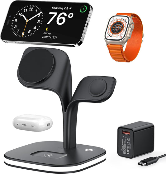 EXW Wireless Charging Station for Magsafe Charger,Charging Station for Multiple Devices,Wireless Charger for iPhone 17 Air 16 15 14 13 12 Series,Apple Watch Series 1-10,AirPods with LED and Adapter