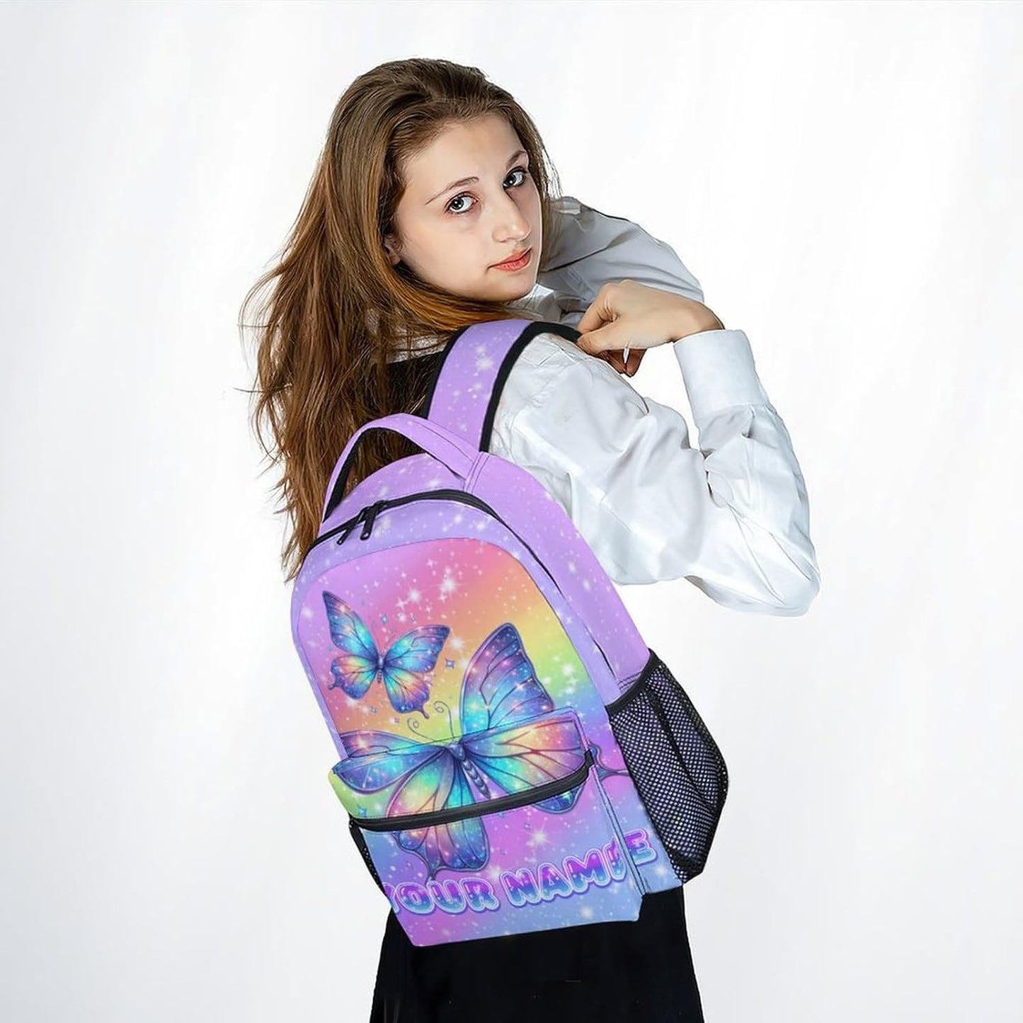 Bookbag for Girls, Personalized Butterfly Backpacks for Kids, Elementary Preschool School Bag for Toddler, 17" Custom Cute Rainbow Bookbag with Name
