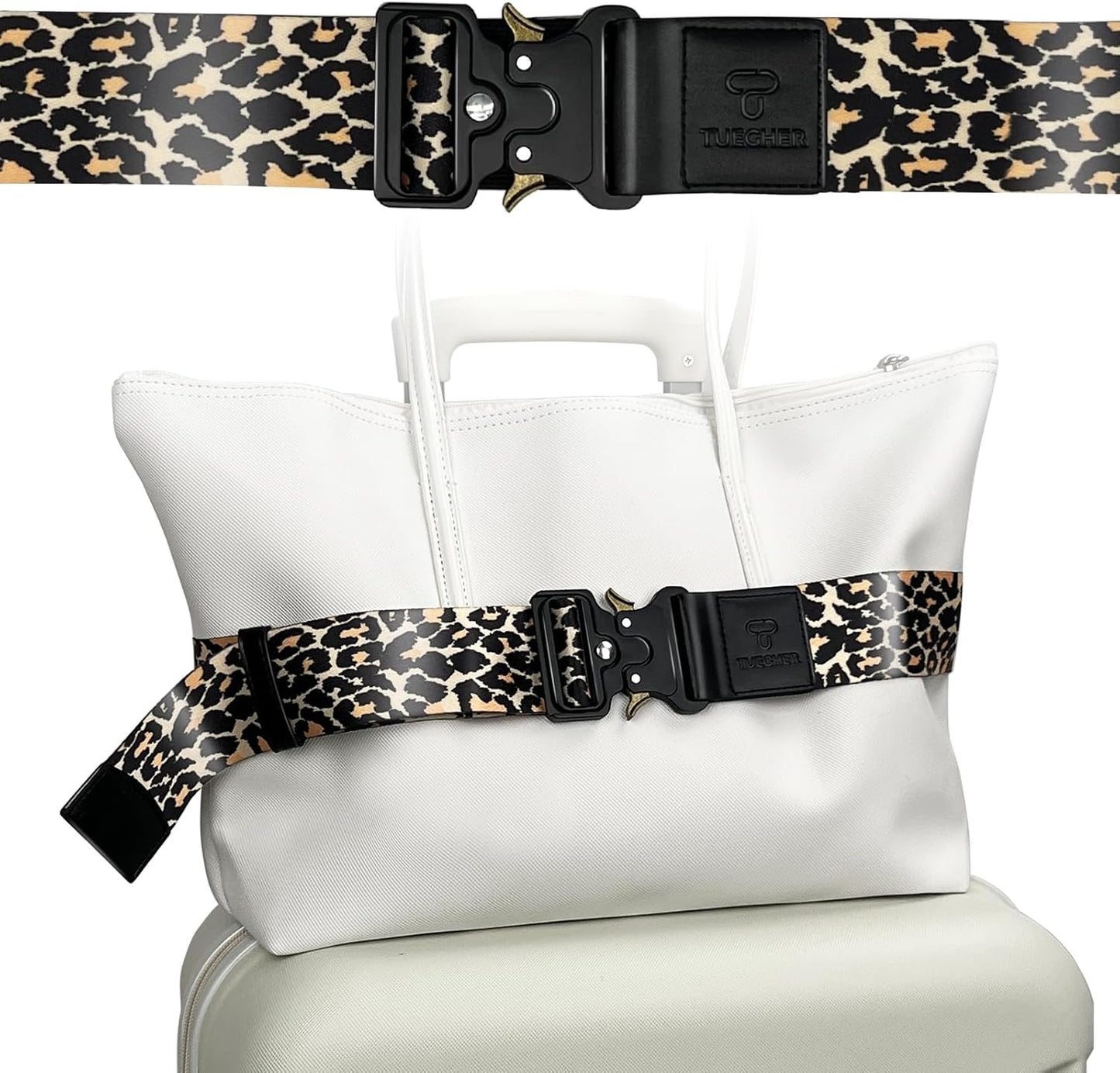 Luggage Straps for Carry On, Vethers Add a Bag Travel Belt, Hands Free Luggage Helper, Adjustable and Stylish Belt with Metal Buckles for Second Bag, Tote, Airport Travel Accessory (Leopard)